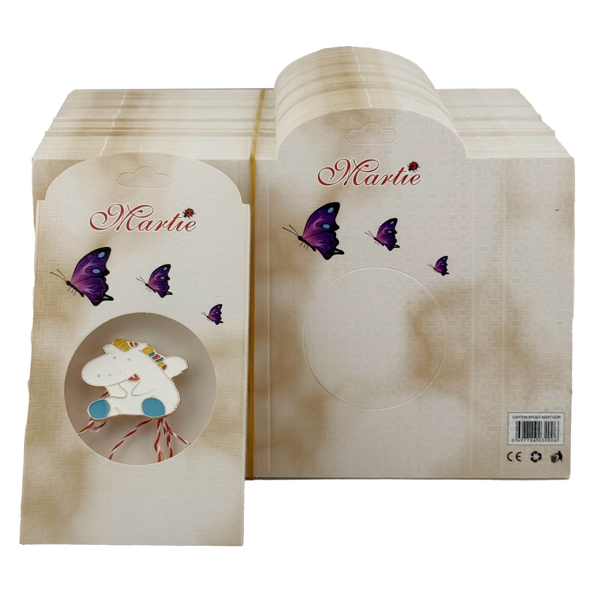 Ambalaje de Carton pentru Martisoare, Flippy, Set 200 Bucati, Cutii Brosa, Model Fluturi Mov, Alb/Crem