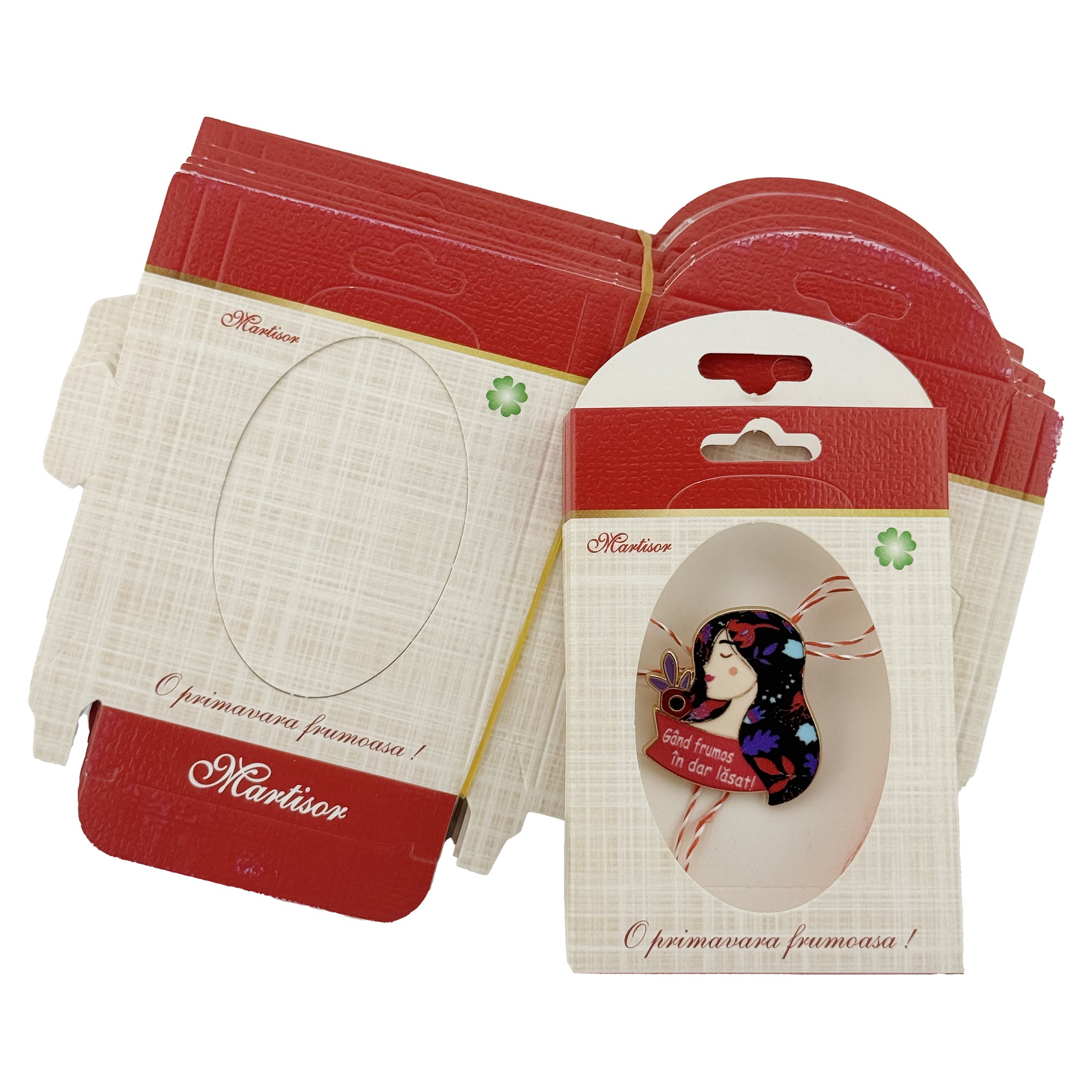 Ambalaje de Carton pentru Martisoare, Flippy, Set 100 Bucati, Cutii Brosa, Model Simplu cu Decupaj Oval, Crem/Rosu