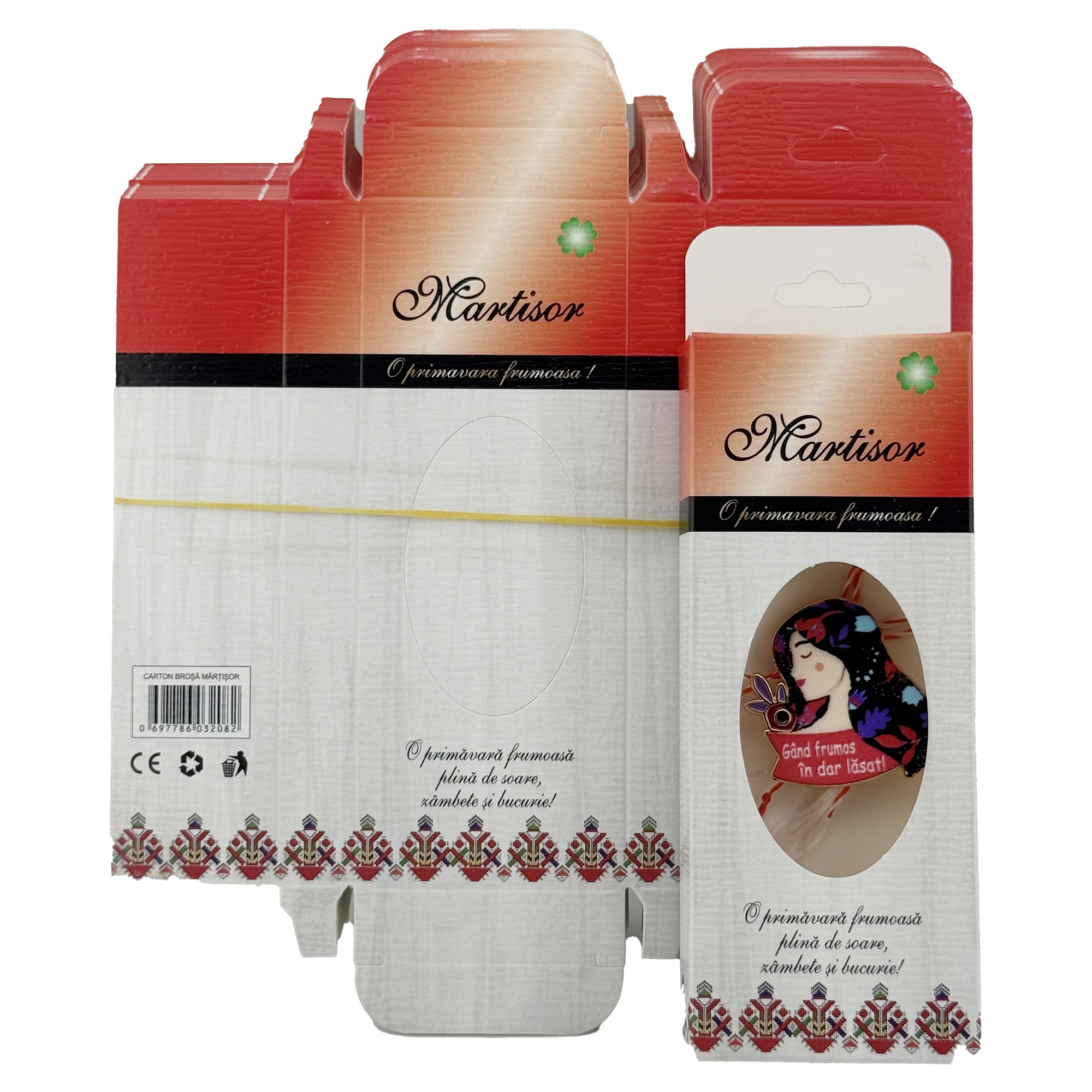 Ambalaje de Carton pentru Martisoare, Flippy, Set 100 Bucati, Cutii Brosa, Model Motive Populare cu Decupaj Oval, Rosu