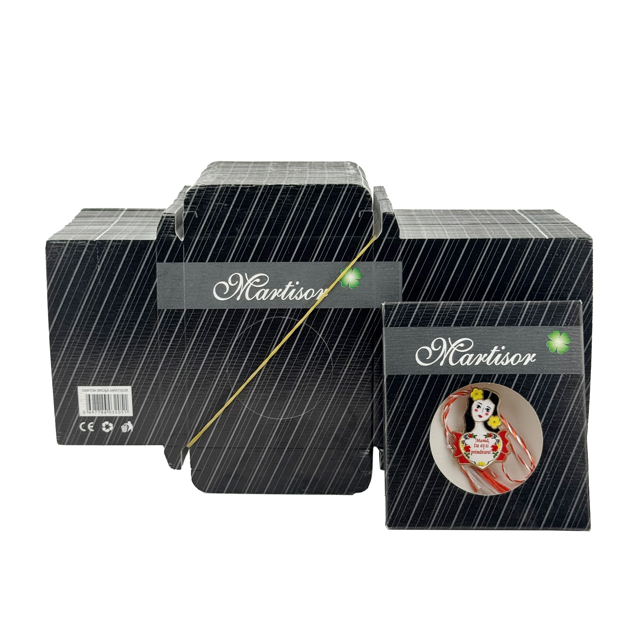 Ambalaje de Carton pentru Martisoare, Flippy, Set 200 Bucati, Cutii pentru Brosa Martisor, Model Negru cu Dungi, 8 x 7 cm,  Decupaj Central Rotund