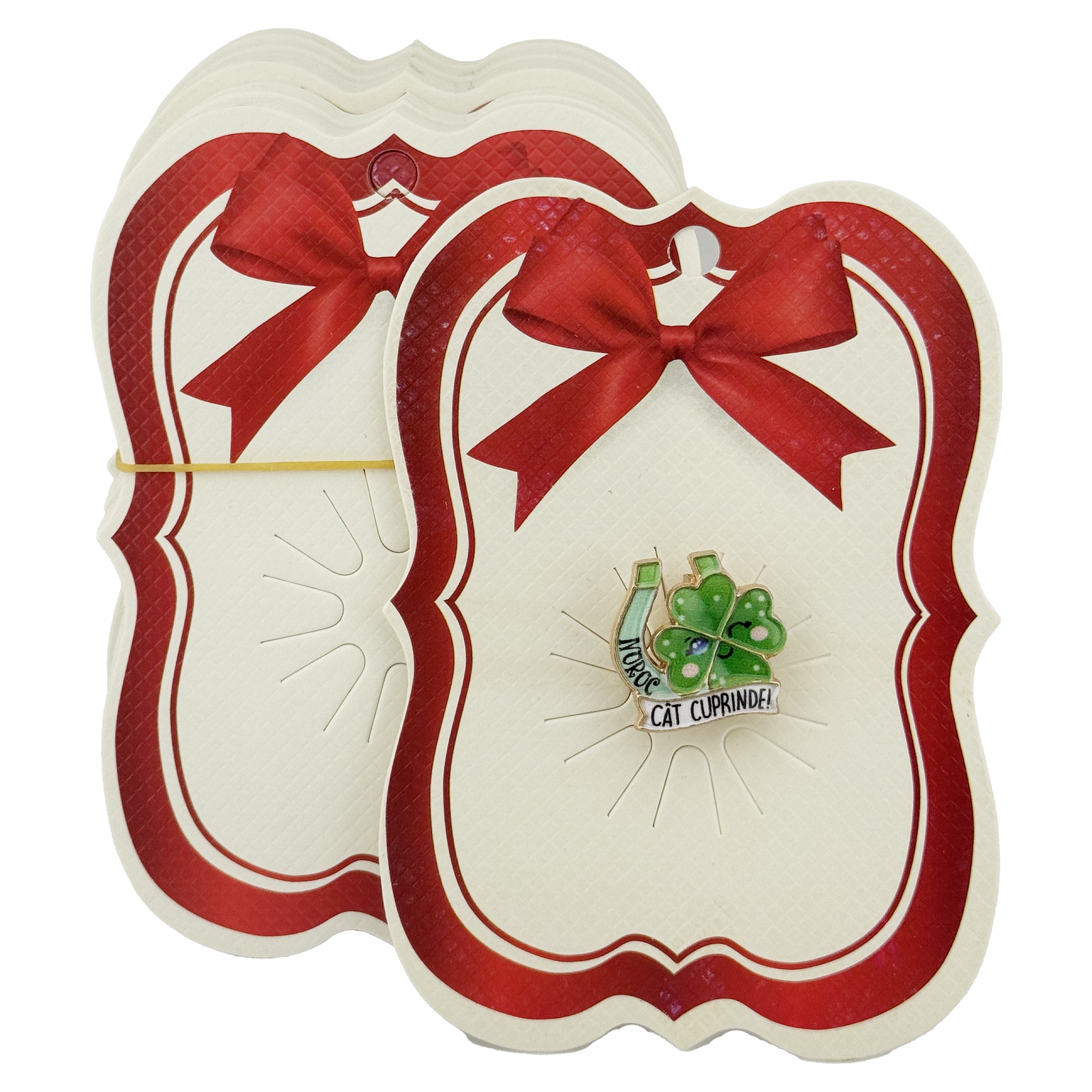 Cartonase Ambalaj pentru Martisor, Flippy, Set 100 buc, Model Printat cu Fundita, 10 x 7 cm, Rosu/Cream