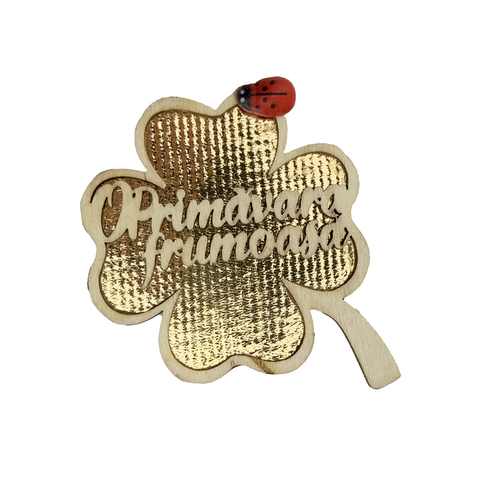 Set 100 bucati Martisor din Lemn cu Magnet, Jolie, Model Trifoi cu Scris O Primavara Frumoasa, Decor Buburuza, Insertie Aurie