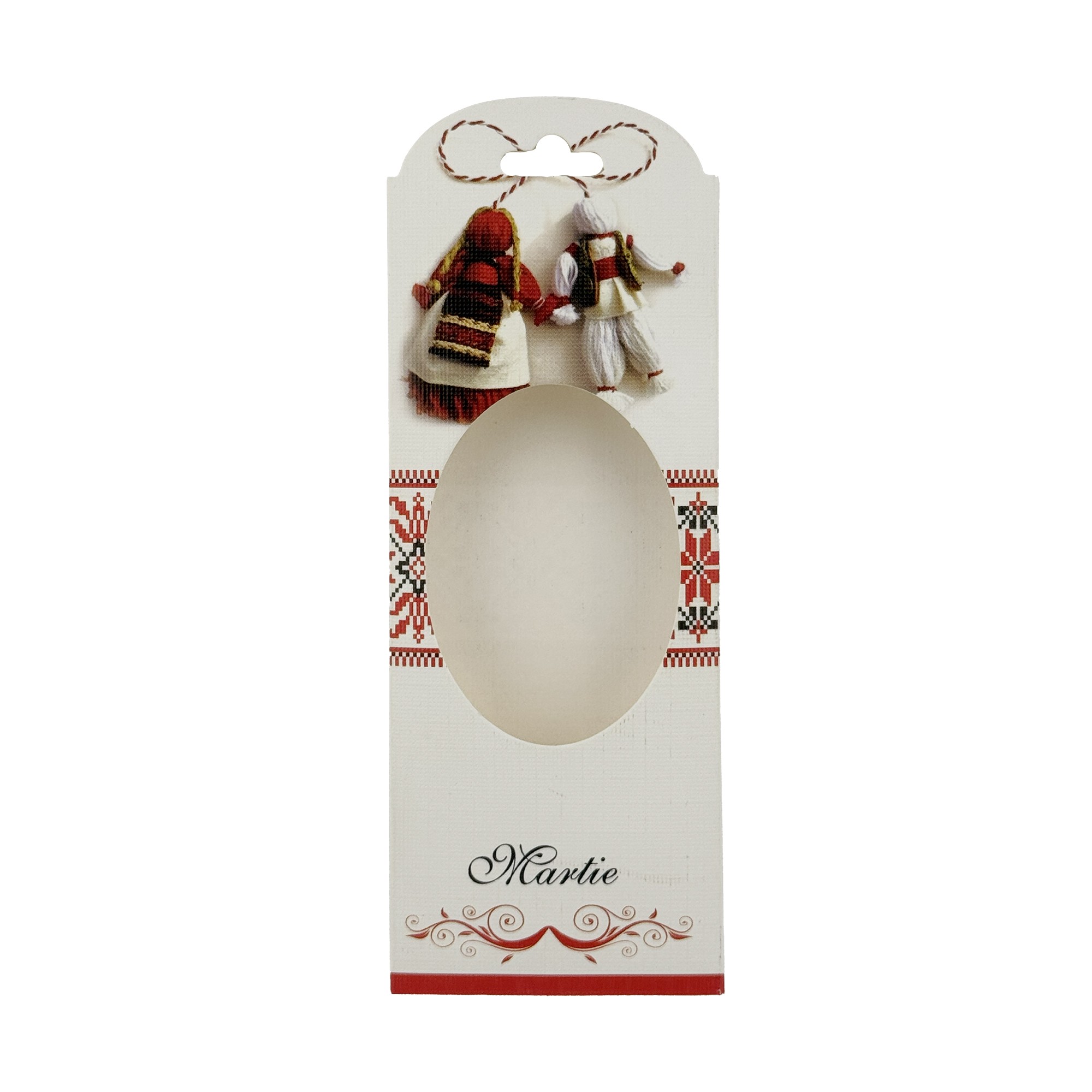 Set 100 Bucati Ambalaje de Carton pentru Martisoare, Flippy, Cutii Brosa, Model cu Motive Populare, 14 x 5 cm, Alb-Rosu