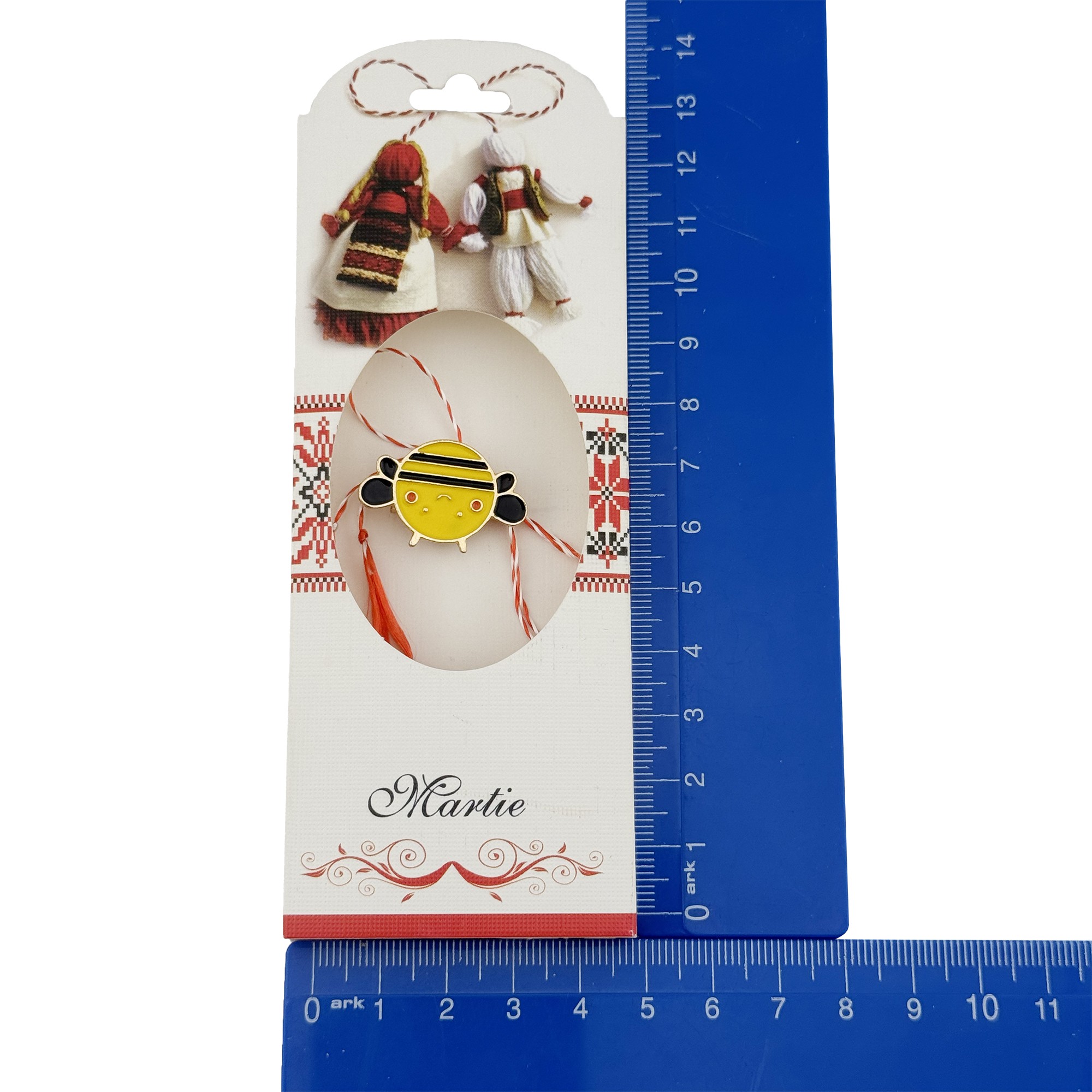 Set 100 Bucati Ambalaje de Carton pentru Martisoare, Flippy, Cutii Brosa, Model cu Motive Populare, 14 x 5 cm, Alb-Rosu