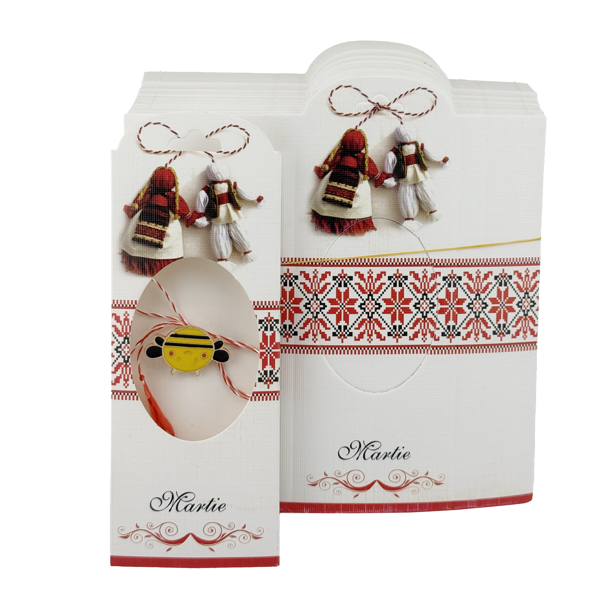 Set 100 Bucati Ambalaje de Carton pentru Martisoare, Flippy, Cutii Brosa, Model cu Motive Populare, 14 x 5 cm, Alb-Rosu