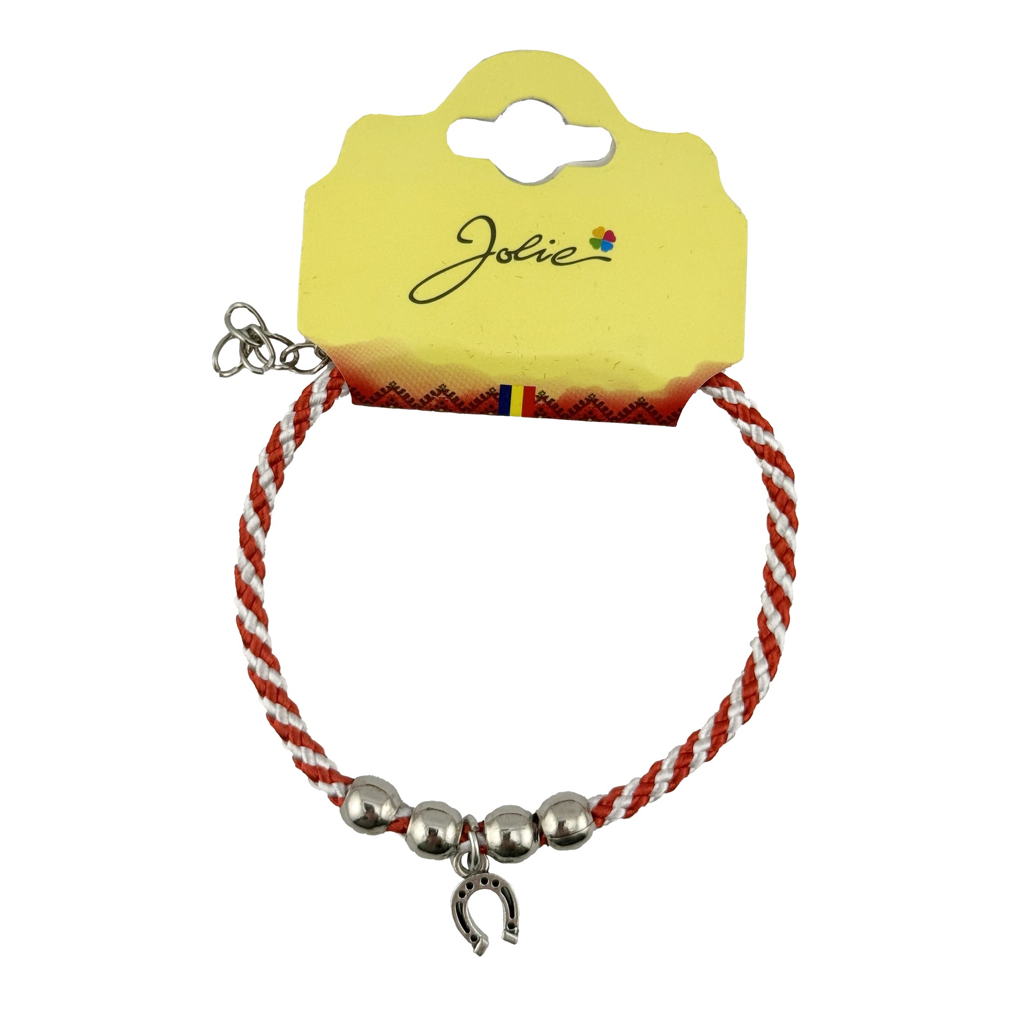 Martisor de Tip Bratara cu 4 Bile si Pandativ Metalic, Jolie, Model Potcoava, Design Clasic, Snur Rasucit Alb/Rosu, Cu Sistem de Inchidere Reglabil