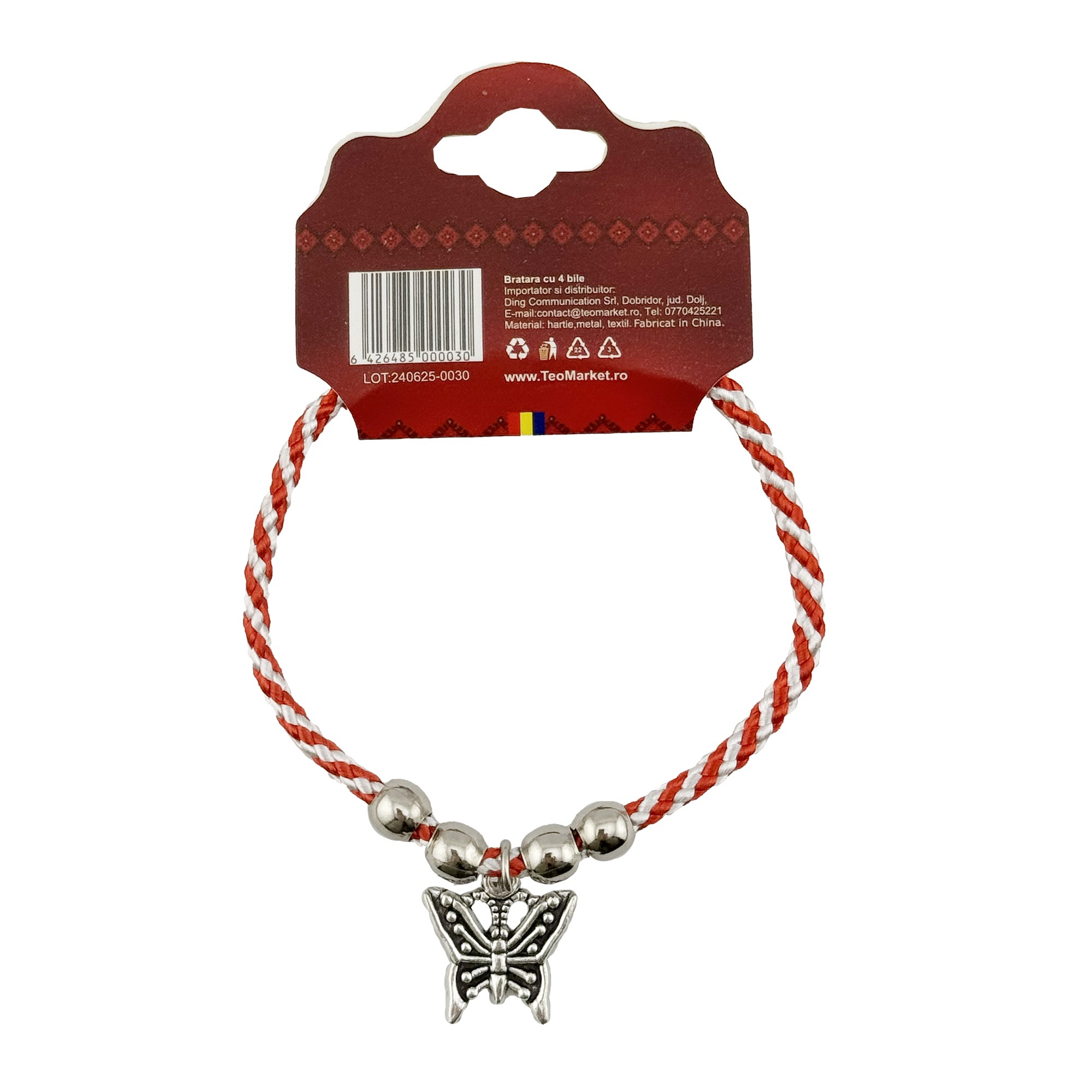 Martisor de Tip Bratara cu 4 Bile si Pandativ Metalic, Jolie, Model Fluture, Design Clasic, Snur Rasucit Alb/Rosu, Cu Sistem de Inchidere Reglabil