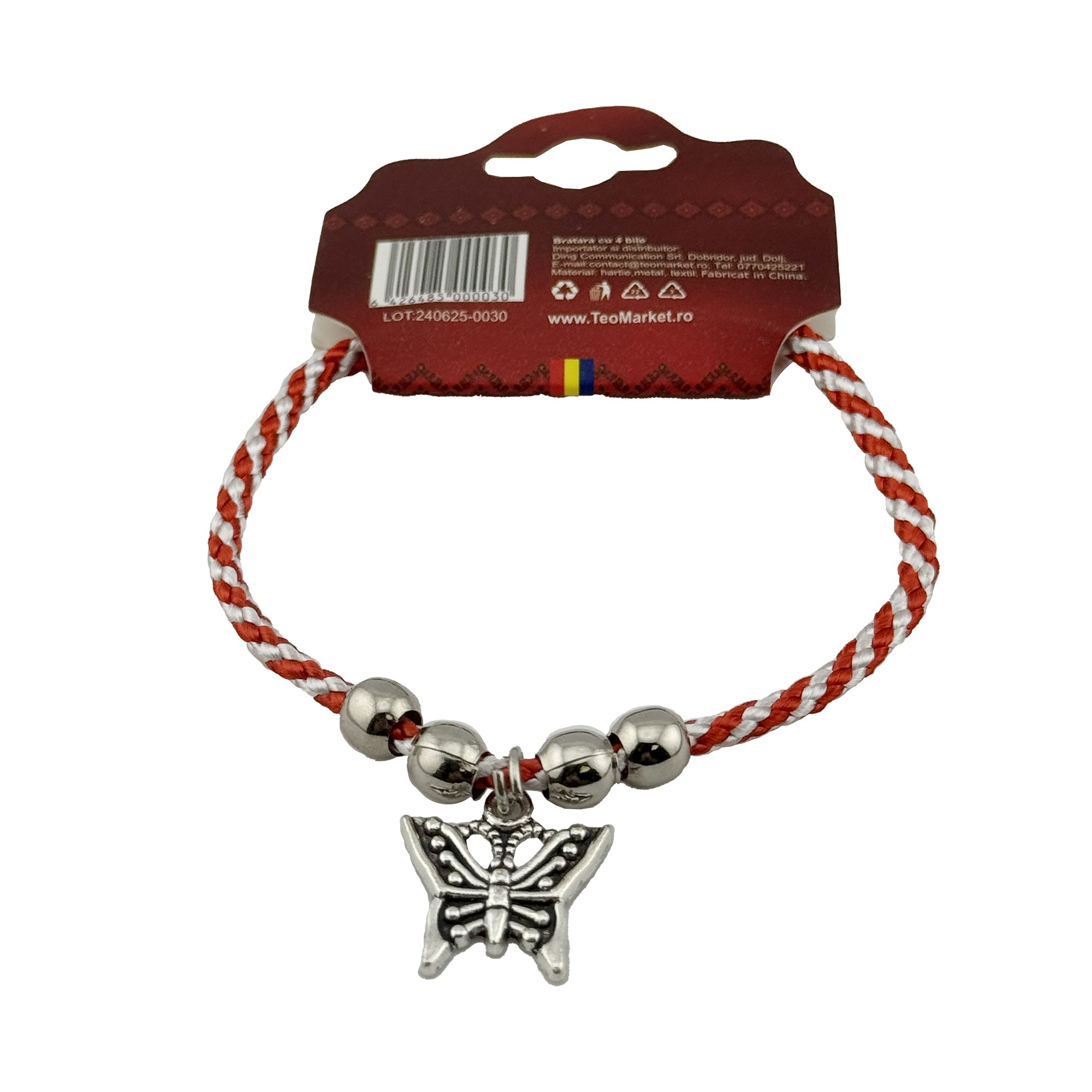 Martisor de Tip Bratara cu 4 Bile si Pandativ Metalic, Jolie, Model Fluture, Design Clasic, Snur Rasucit Alb/Rosu, Cu Sistem de Inchidere Reglabil