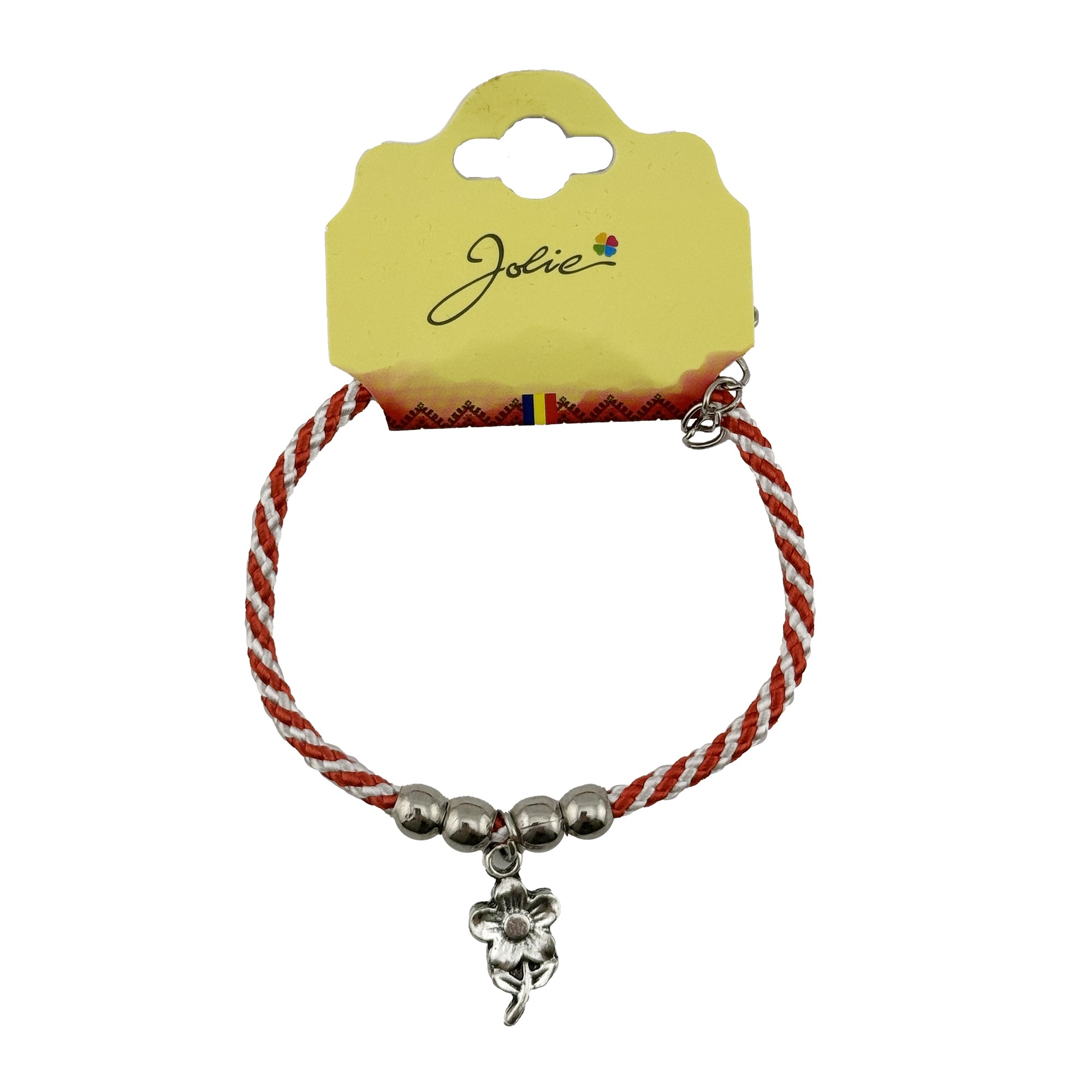 Martisor de Tip Bratara cu 4 Bile si Pandativ Metalic, Jolie, Model Floare, Design Clasic, Snur Rasucit Alb/Rosu, Cu Sistem de Inchidere Reglabil