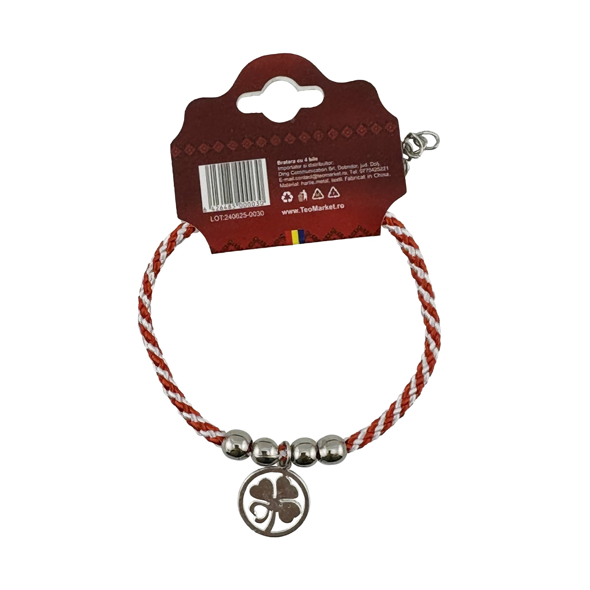 Martisor de Tip Bratara cu 4 Bile si Pandativ Metalic, Jolie, Model Trifoi in Cerc, Design Clasic, Snur Rasucit Alb/Rosu, Cu Sistem de Inchidere Reglabil