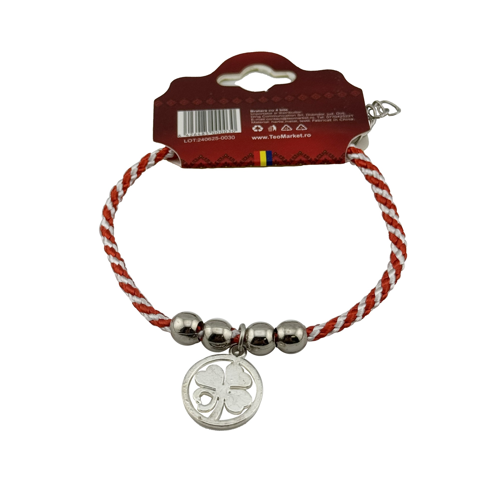 Martisor de Tip Bratara cu 4 Bile si Pandativ Metalic, Jolie, Model Trifoi in Cerc, Design Clasic, Snur Rasucit Alb/Rosu, Cu Sistem de Inchidere Reglabil