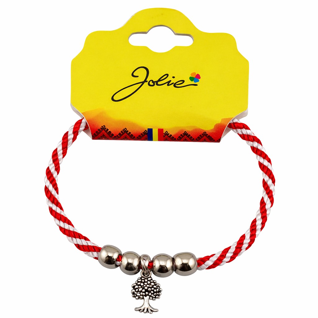 Martisor Bratara cu 4 Bile, Jolie, Model Copac, Pandativ Metalic, Design Clasic, Snur Rasucit Alb/Rosu, Cu Sistem de Inchidere Reglabil