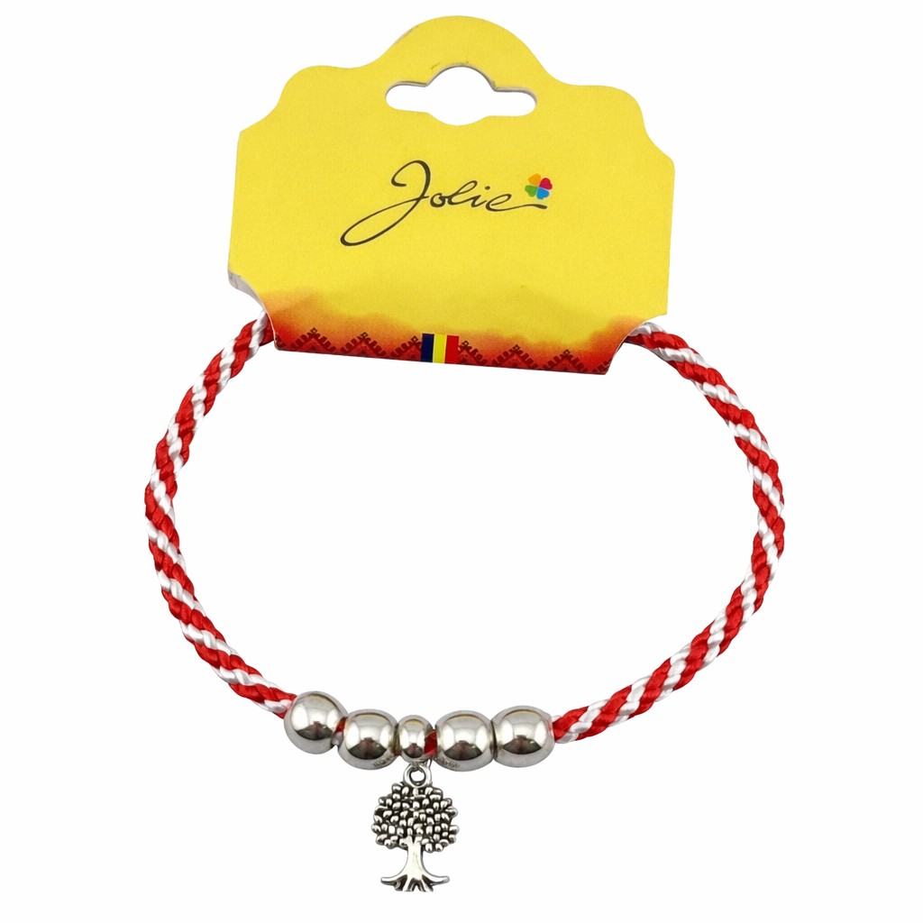 Martisor Bratara cu 4 Bile, Jolie, Model Copac, Pandativ Metalic, Design Clasic, Snur Rasucit Alb/Rosu, Cu Sistem de Inchidere Reglabil