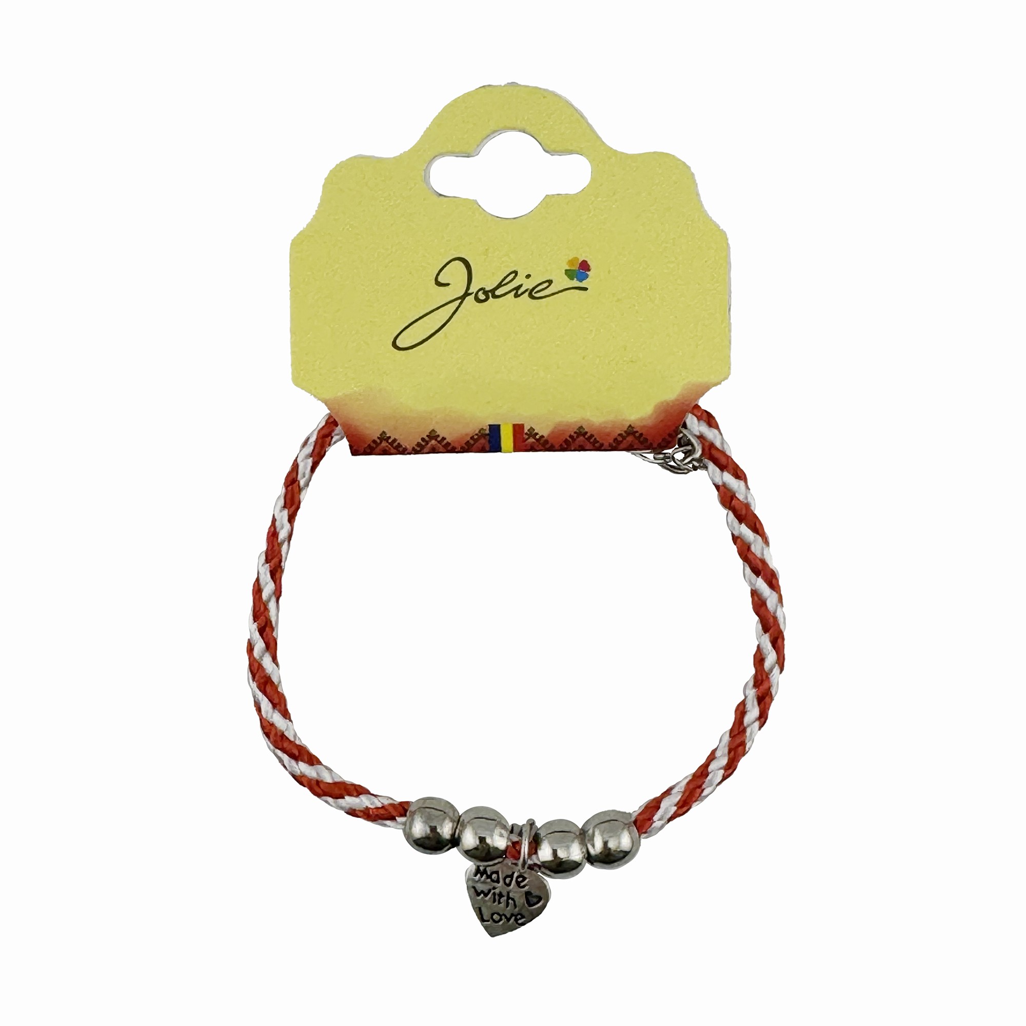 Martisor de Tip Bratara cu 4 Bile si Pandativ Metalic, Jolie, Model Inima Made with Love, Design Clasic, Snur Rasucit Alb/Rosu, Cu Sistem de Inchidere Reglabil