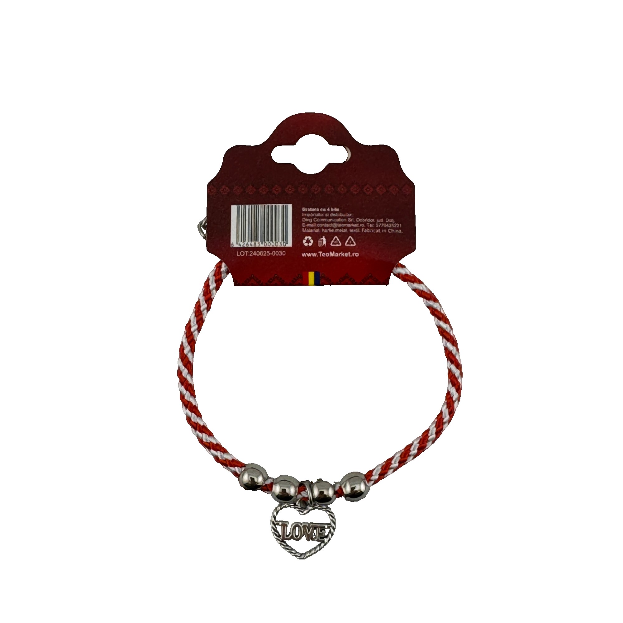 Bratara cu 4 bile, model  Inima cu Scris Love