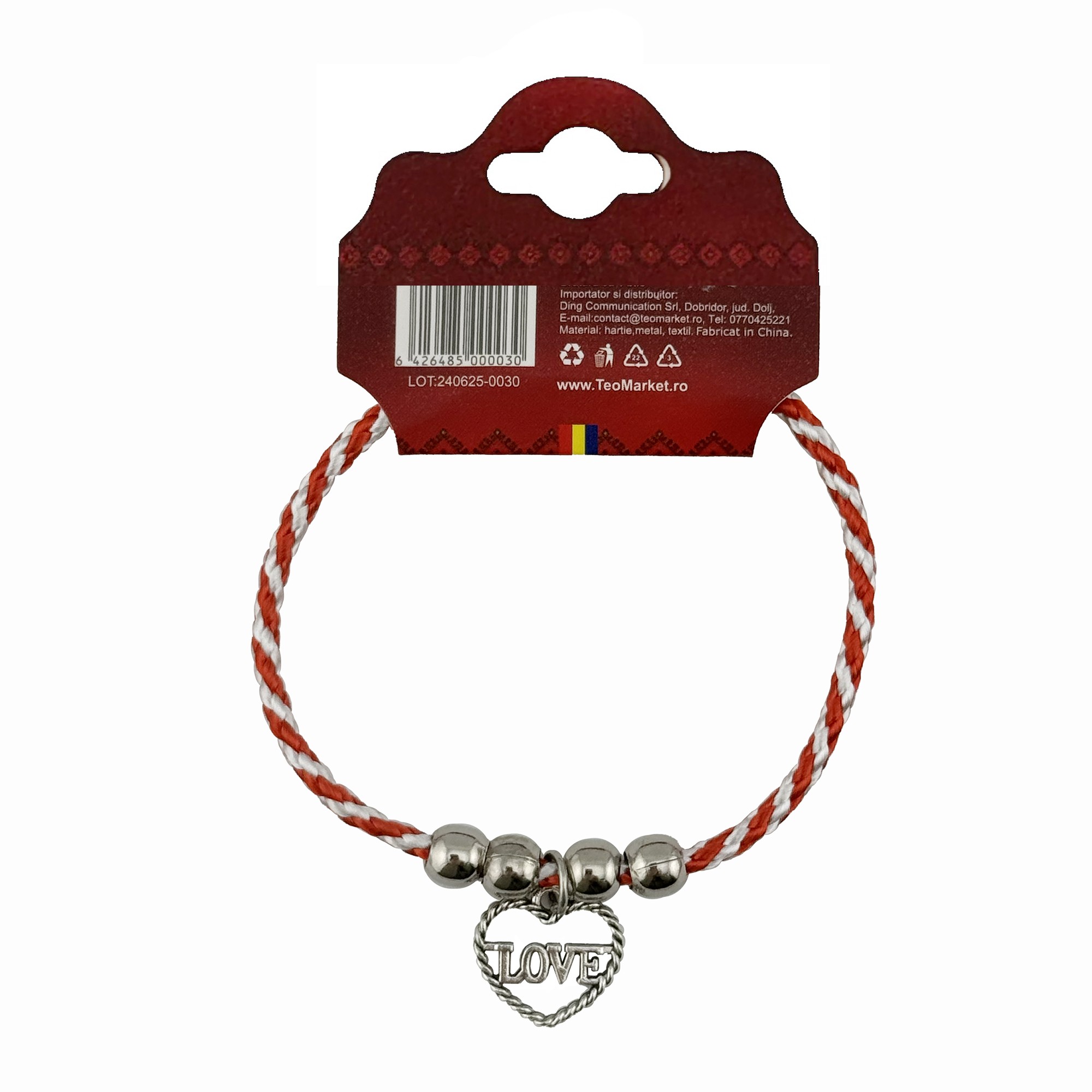 Martisor de Tip Bratara cu 4 Bile si Pandativ Metalic, Jolie, Model Inima cu Scris Love, Design Clasic, Snur Rasucit Alb/Rosu, Cu Sistem de Inchidere Reglabil