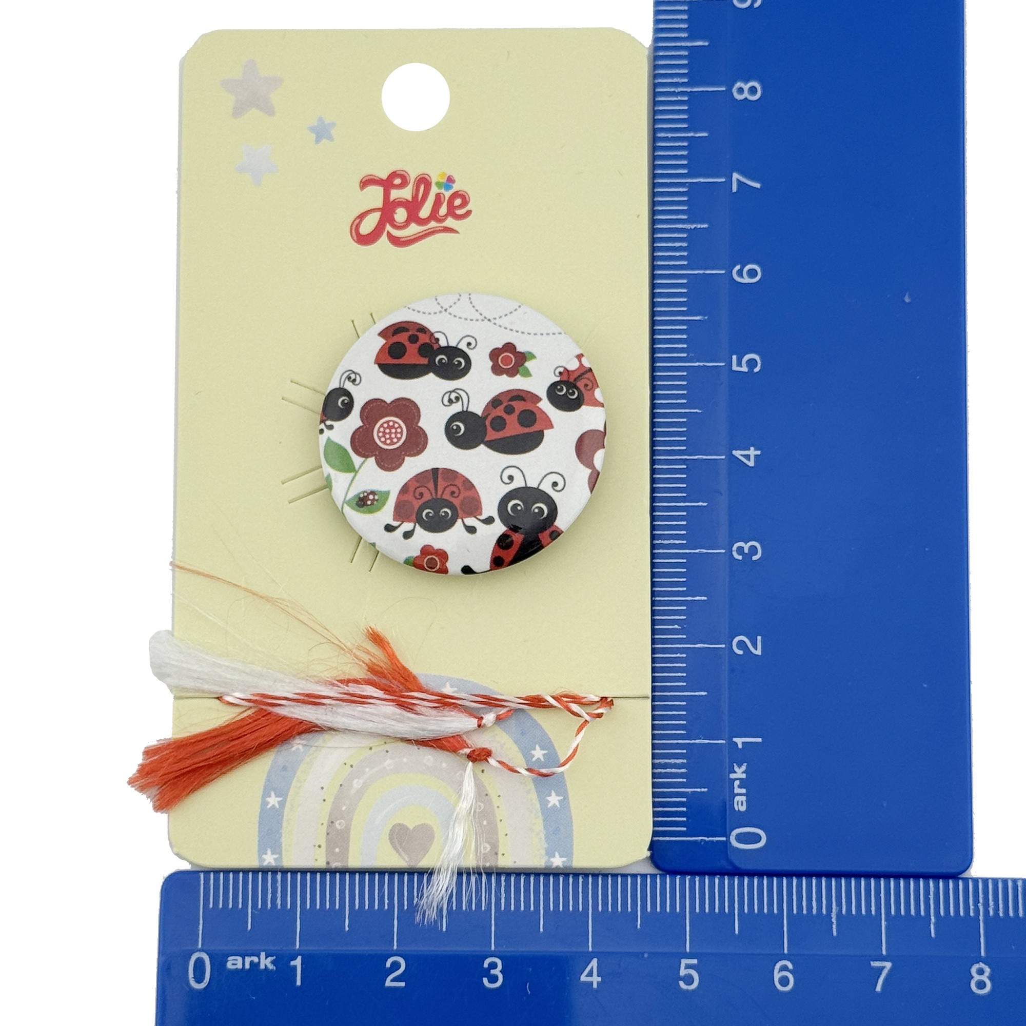 Martisor cu Brosa pentru copii, Jolie, Material Metal, Ambalaj Carton cu Design, Model Buburuze, Alb