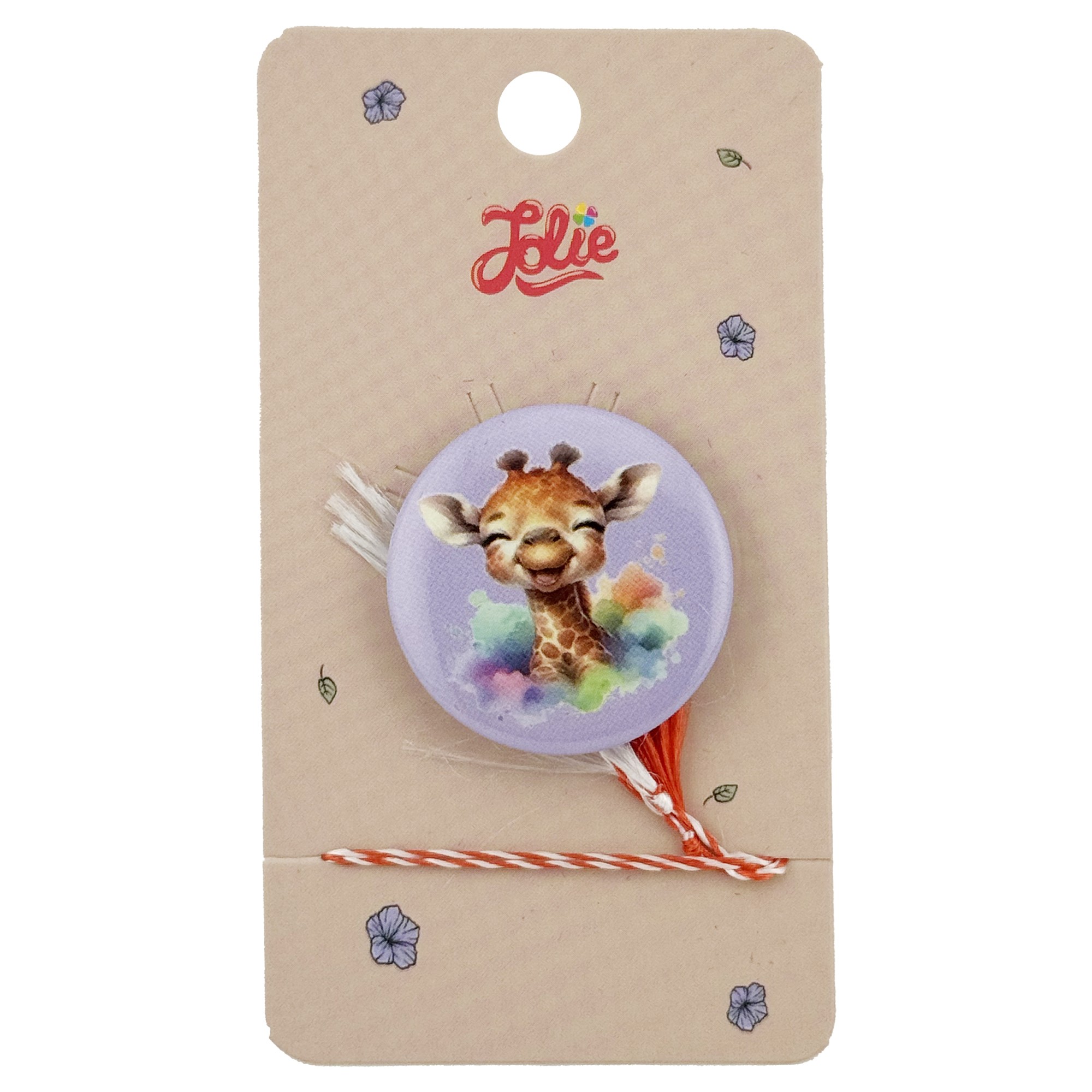 Martisor cu Brosa pentru copii, Jolie, Material Metal, Ambalaj Carton cu Design, Model Girafa, Mov multicolor