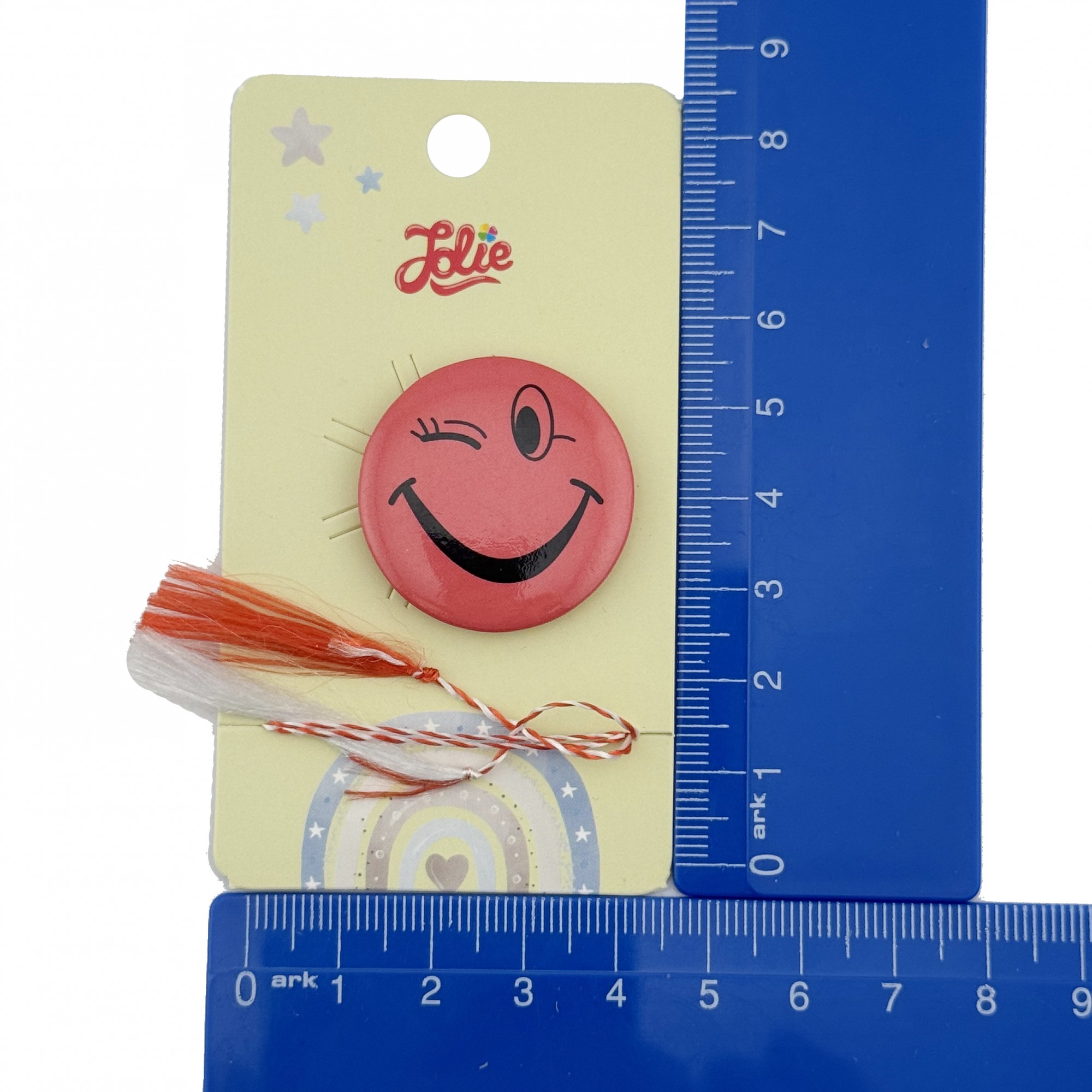 Martisor cu Brosa pentru copii, Jolie, Material Metal, Ambalaj Carton cu Design, Model Zambet de Fata, Rosu