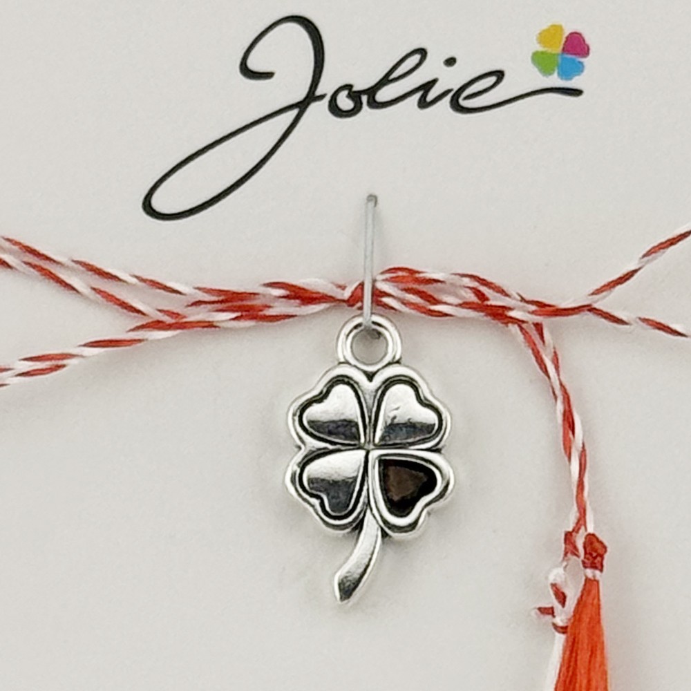 Martisor Traditional, Jolie, Model TRIFOI, cu Snur Impletit Alb/Rosu, 8.5 x 5.5 cm. Argintiu