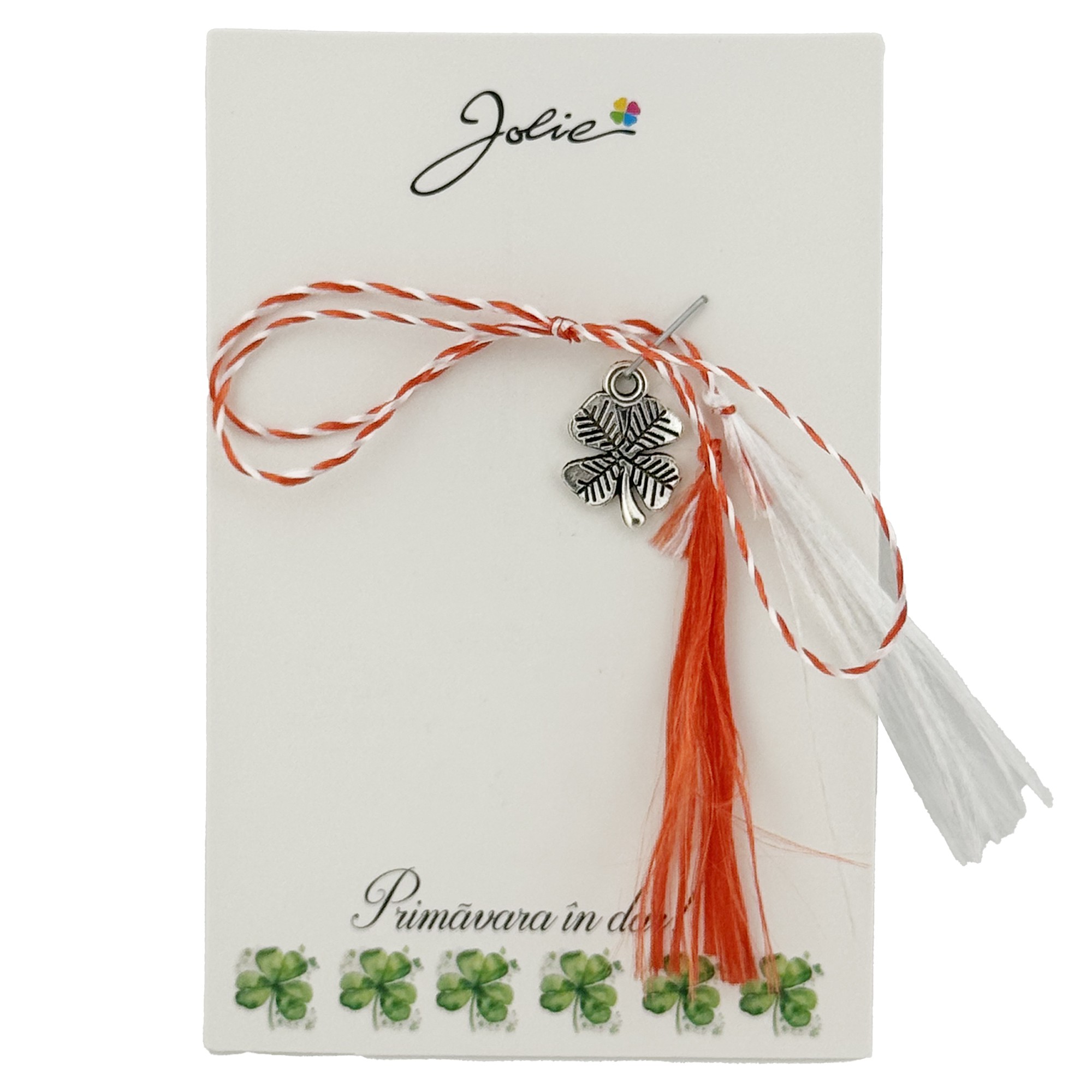 Martisor Traditional, Jolie, Model TRIFOI 2, cu Snur Impletit Alb/Rosu, 8.5 x 5.5 cm. Argintiu