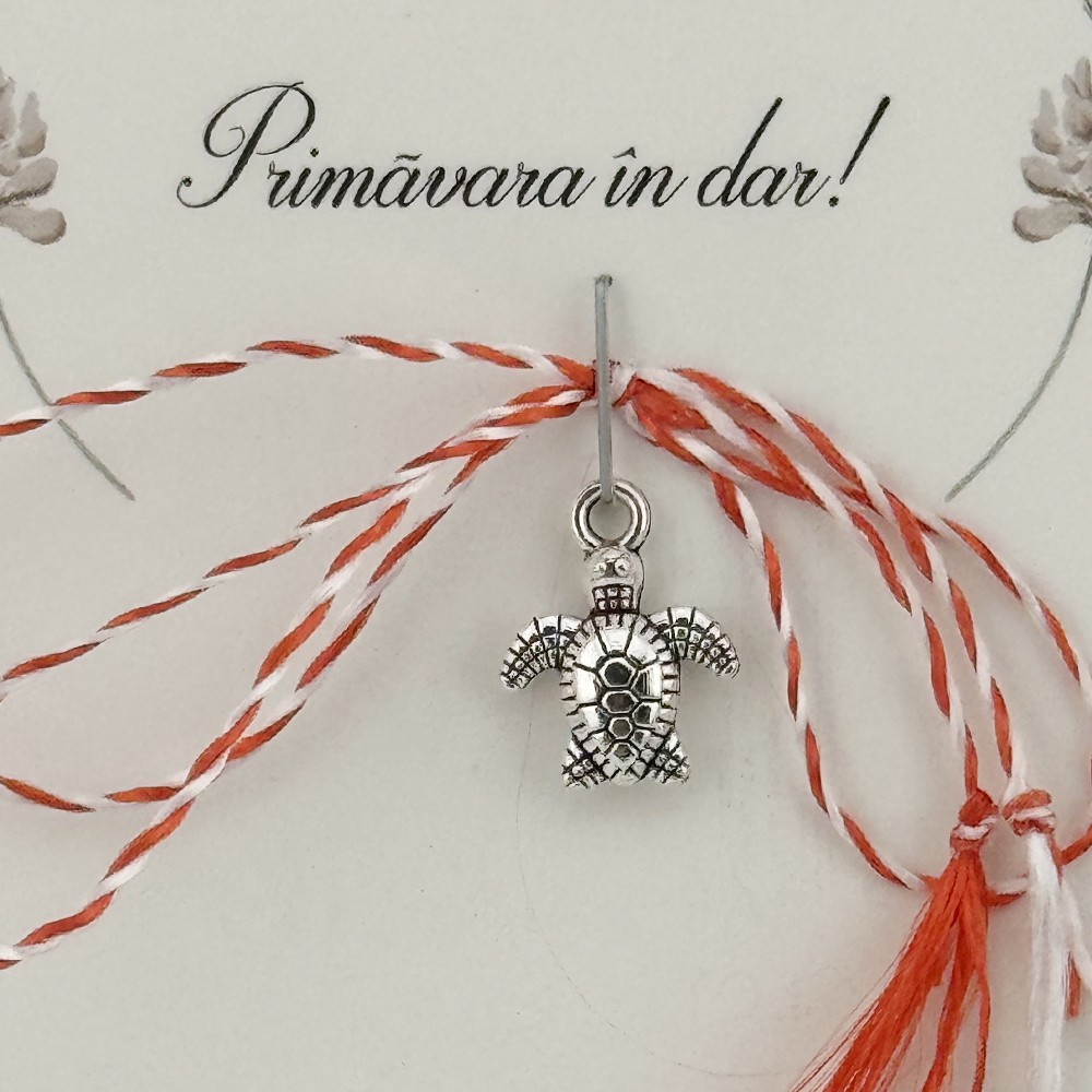 Martisor Traditional, Jolie, Model BROASCA TESTOASA, cu Snur Impletit Alb/Rosu, 8.5 x 5.5 cm. Argintiu