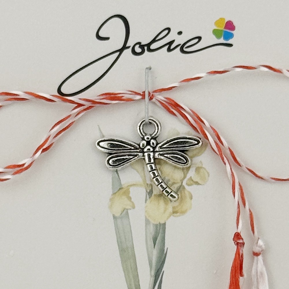 Martisor Traditional, Jolie, Model Libelula, cu Snur Impletit Alb/Rosu, 8.5 x 5.5 cm. Argintiu
