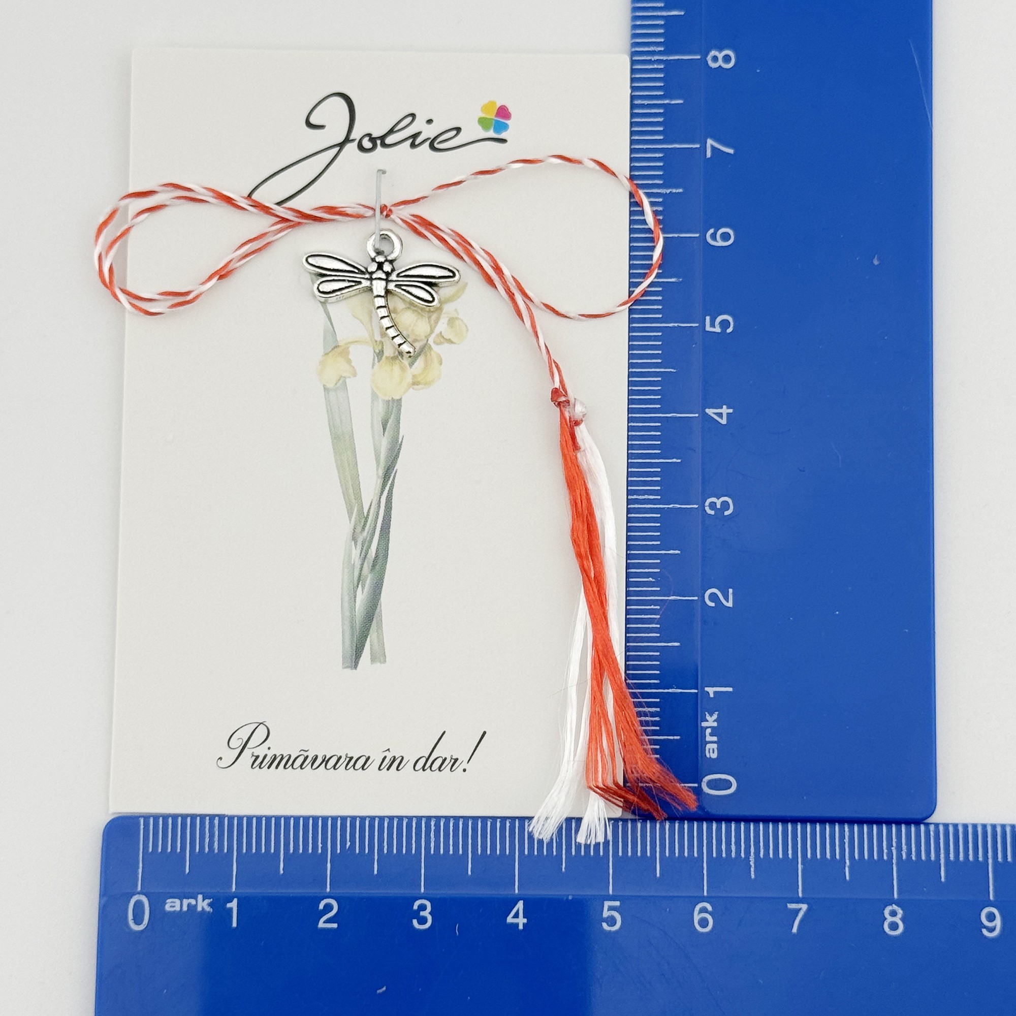 Martisor Traditional, Jolie, Model Libelula, cu Snur Impletit Alb/Rosu, 8.5 x 5.5 cm. Argintiu