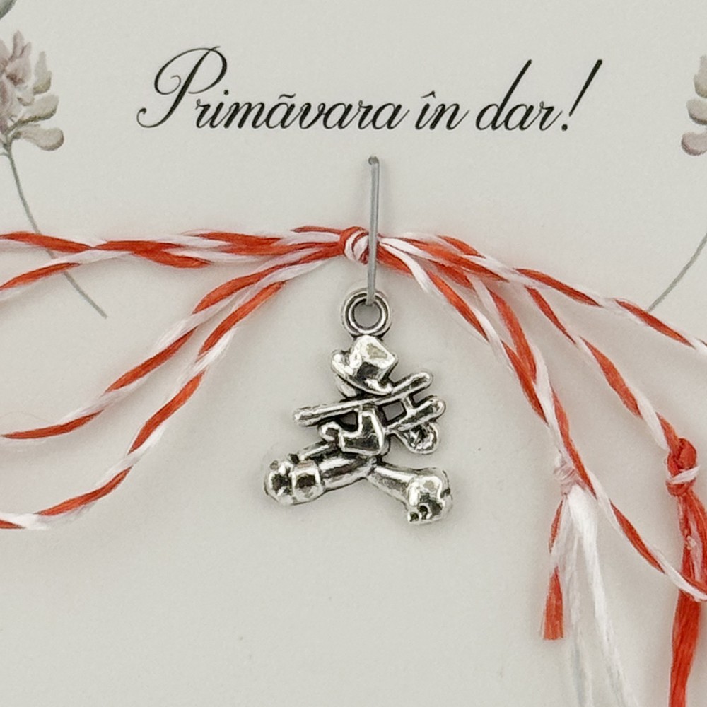 Martisor Traditional, Jolie, Model HOMAR, cu Snur Impletit Alb/Rosu, 8.5 x 5.5 cm. Argintiu