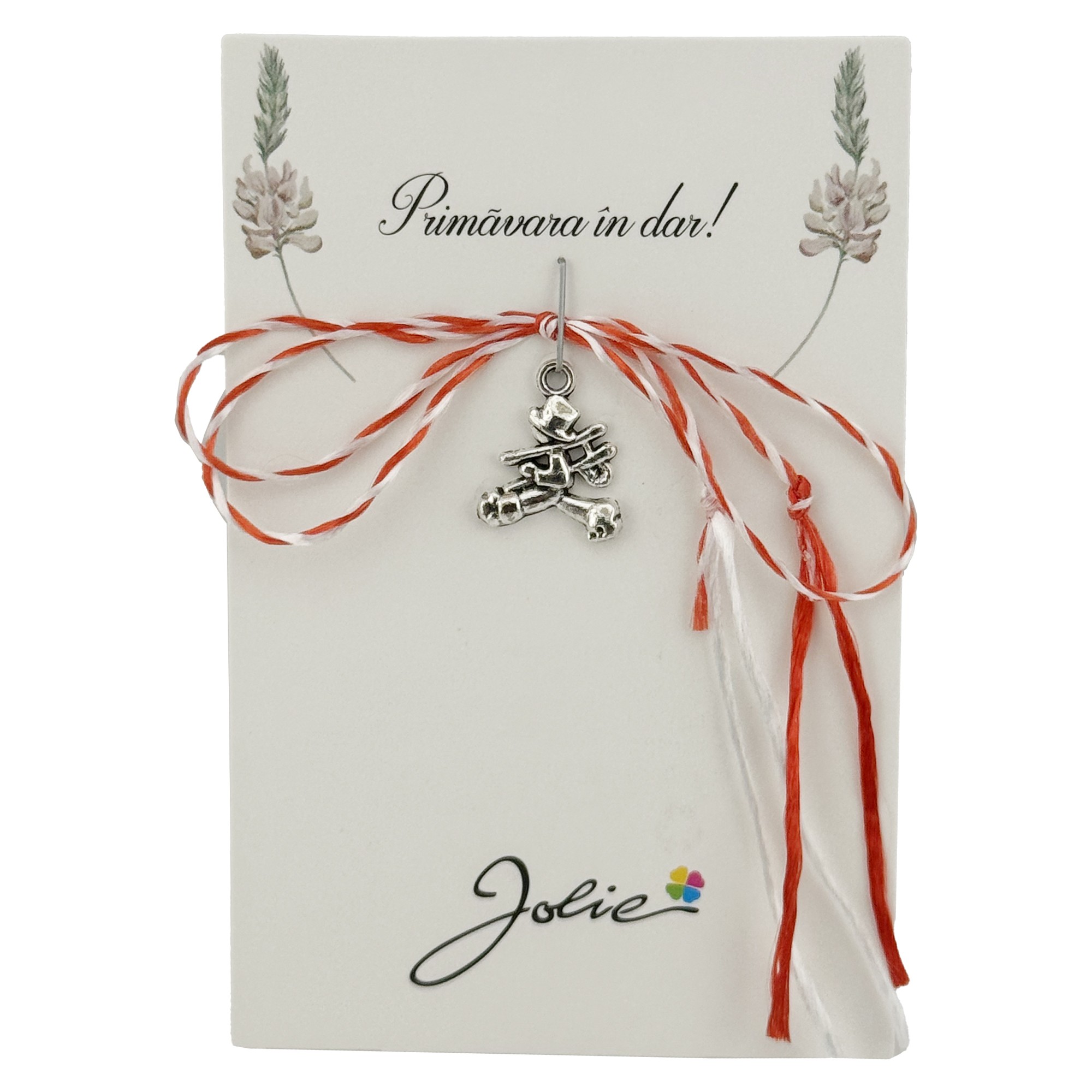 Martisor Traditional, Jolie, Model HOMAR, cu Snur Impletit Alb/Rosu, 8.5 x 5.5 cm. Argintiu