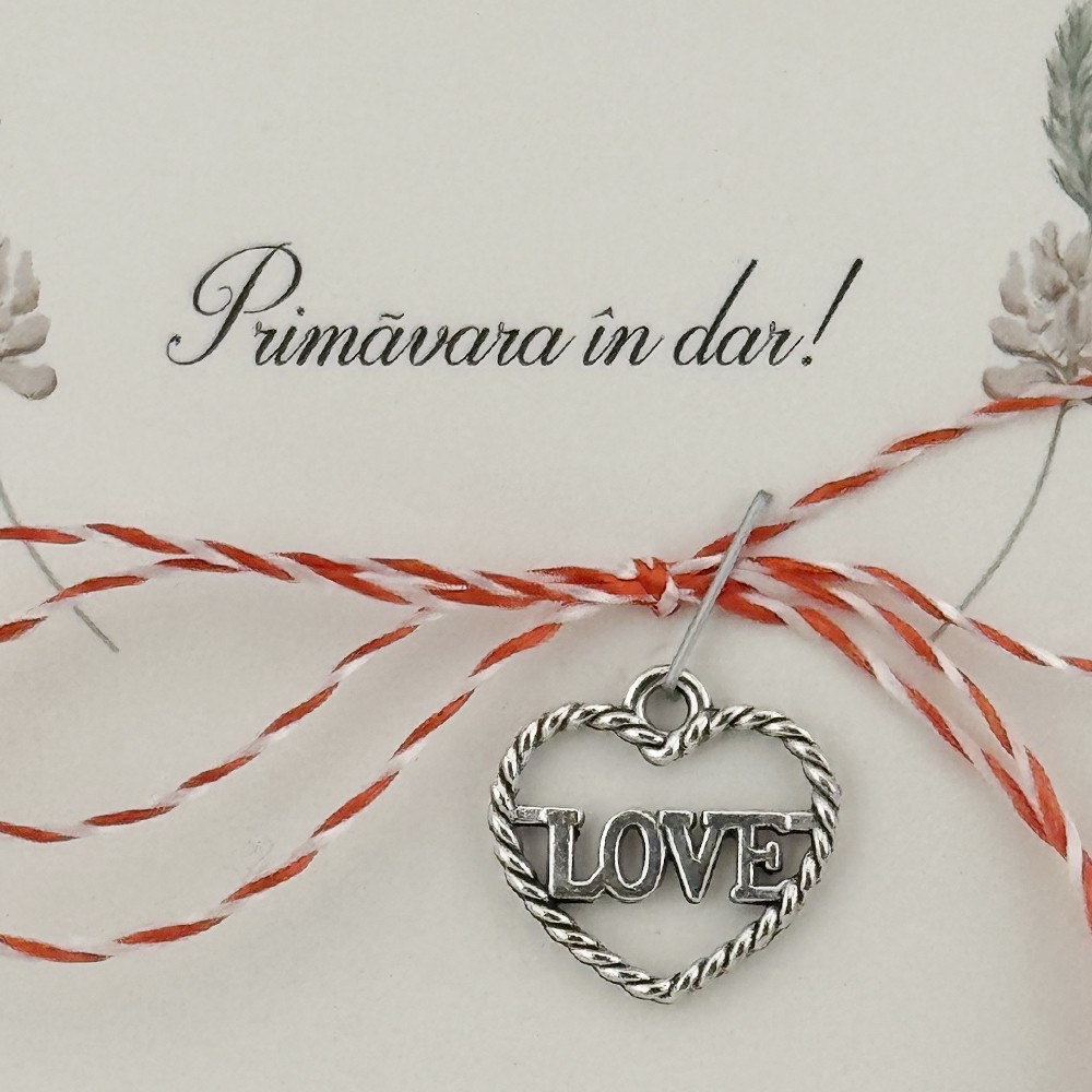 Martisor Traditional, Jolie, Model INIMA LOVE, cu Snur Impletit Alb/Rosu, 8.5 x 5.5 cm. Argintiu