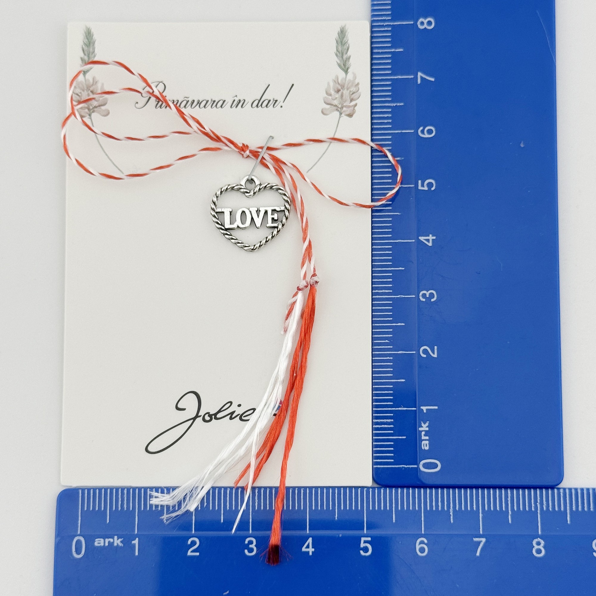 Martisor Traditional, Jolie, Model INIMA LOVE, cu Snur Impletit Alb/Rosu, 8.5 x 5.5 cm. Argintiu