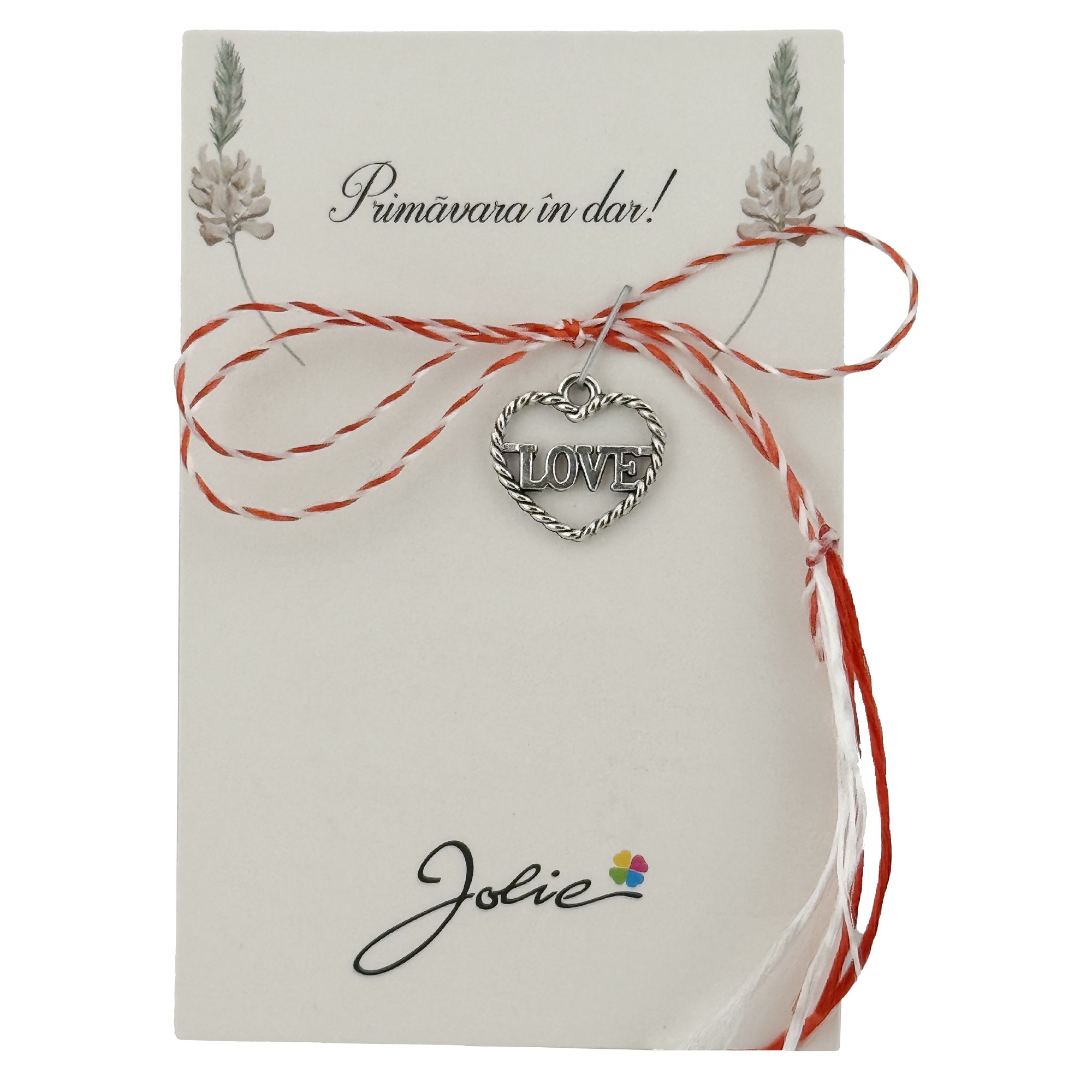 Martisor Traditional, Jolie, Model INIMA LOVE, cu Snur Impletit Alb/Rosu, 8.5 x 5.5 cm. Argintiu