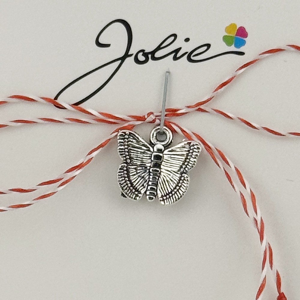 Martisor Traditional, Jolie, Model FLUTURE, cu Snur Impletit Alb/Rosu, 8.5 x 5.5 cm, Argintiu