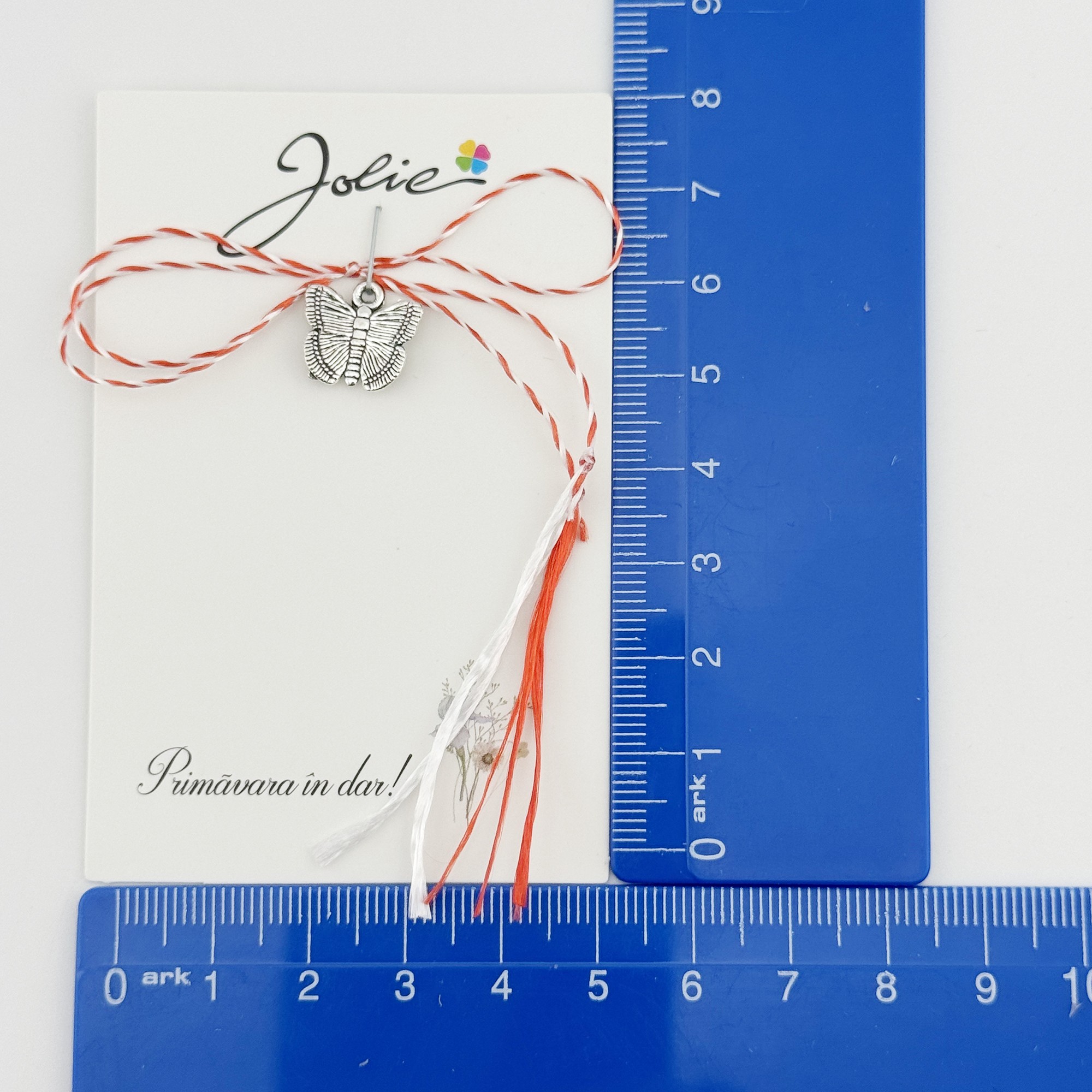 Martisor Traditional, Jolie, Model FLUTURE, cu Snur Impletit Alb/Rosu, 8.5 x 5.5 cm, Argintiu