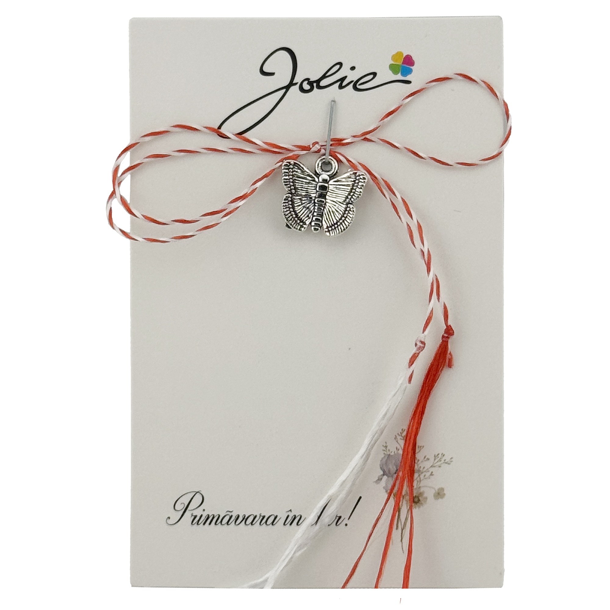 Martisor Traditional, Jolie, Model FLUTURE, cu Snur Impletit Alb/Rosu, 8.5 x 5.5 cm, Argintiu