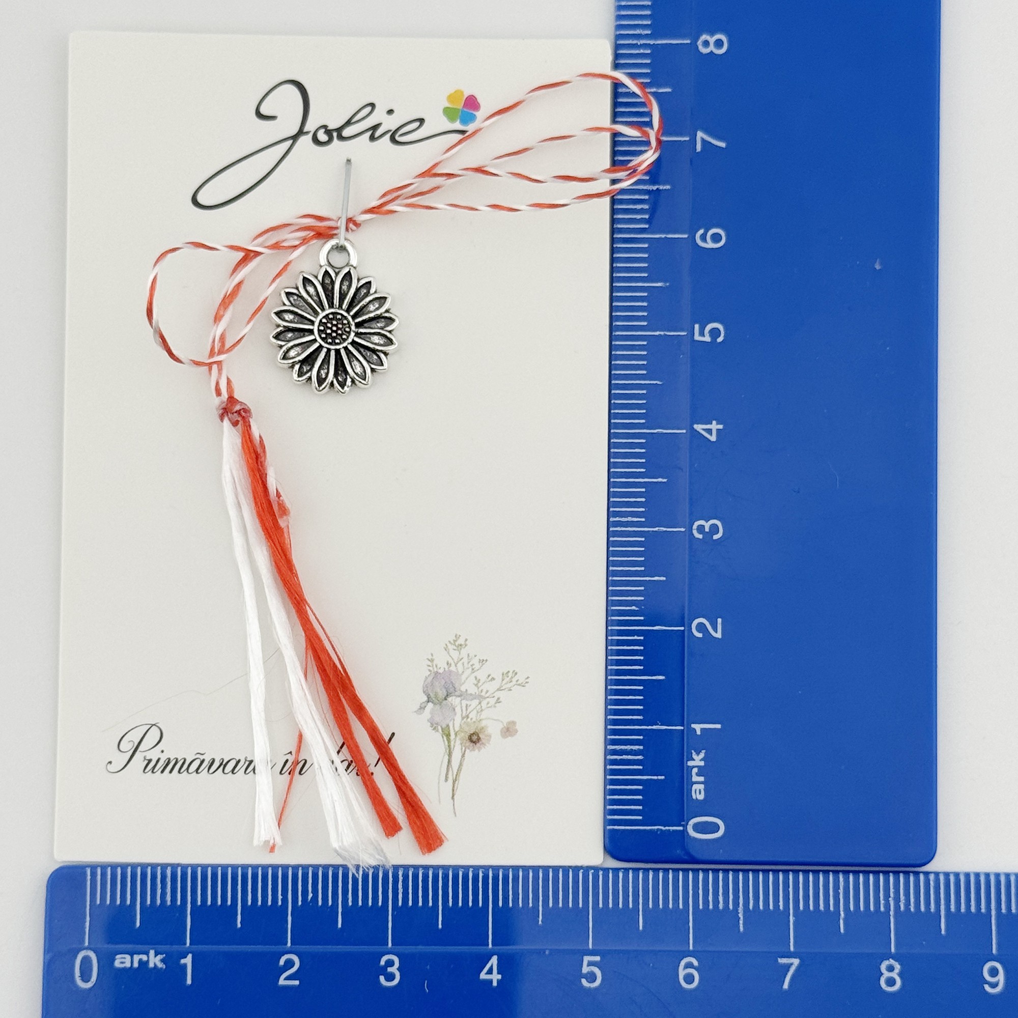 Martisor Traditional, Jolie, Model FLOARE, cu Snur Impletit Alb/Rosu, 8.5 x 5.5 cm, Argintiu