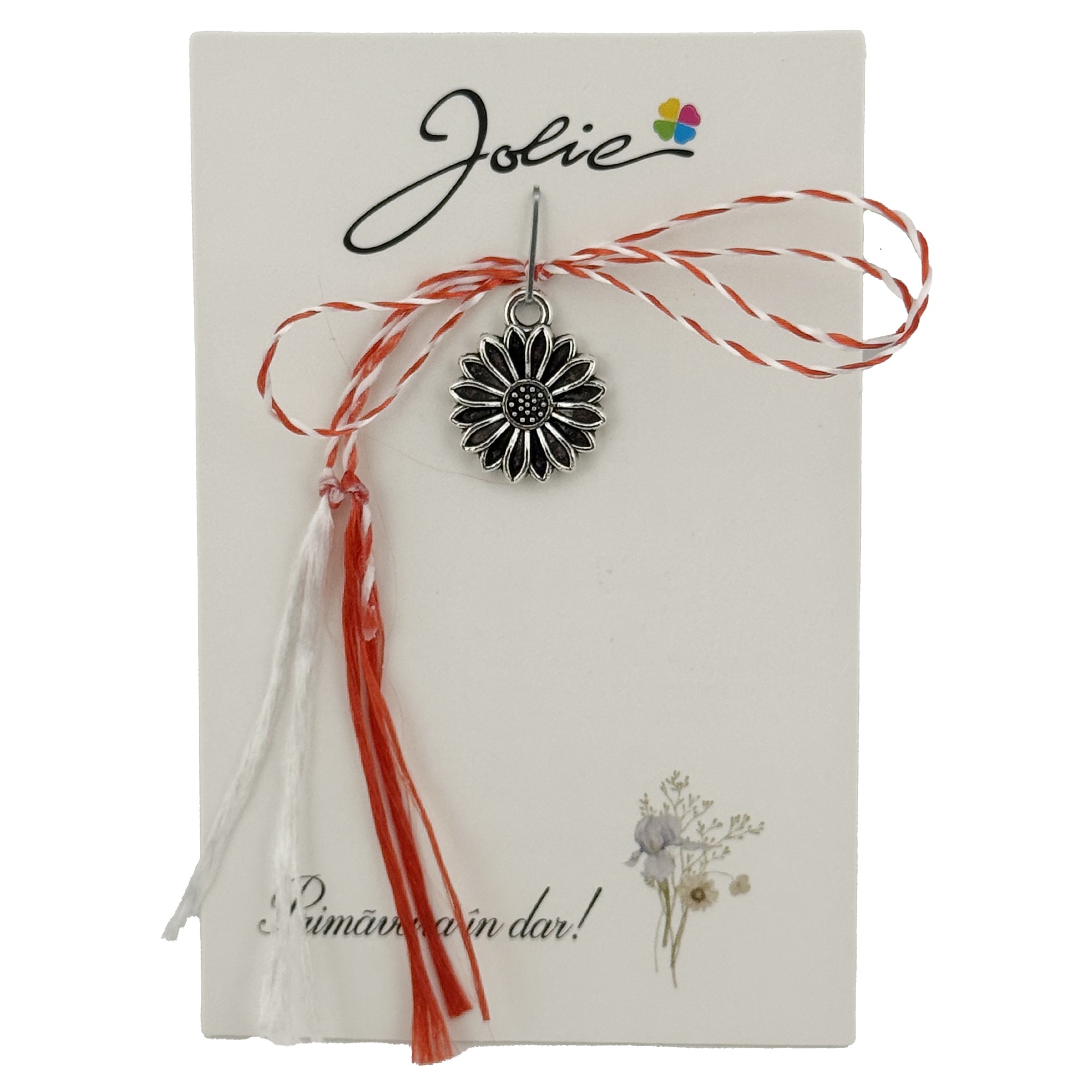 Martisor Traditional, Jolie, Model FLOARE, cu Snur Impletit Alb/Rosu, 8.5 x 5.5 cm, Argintiu
