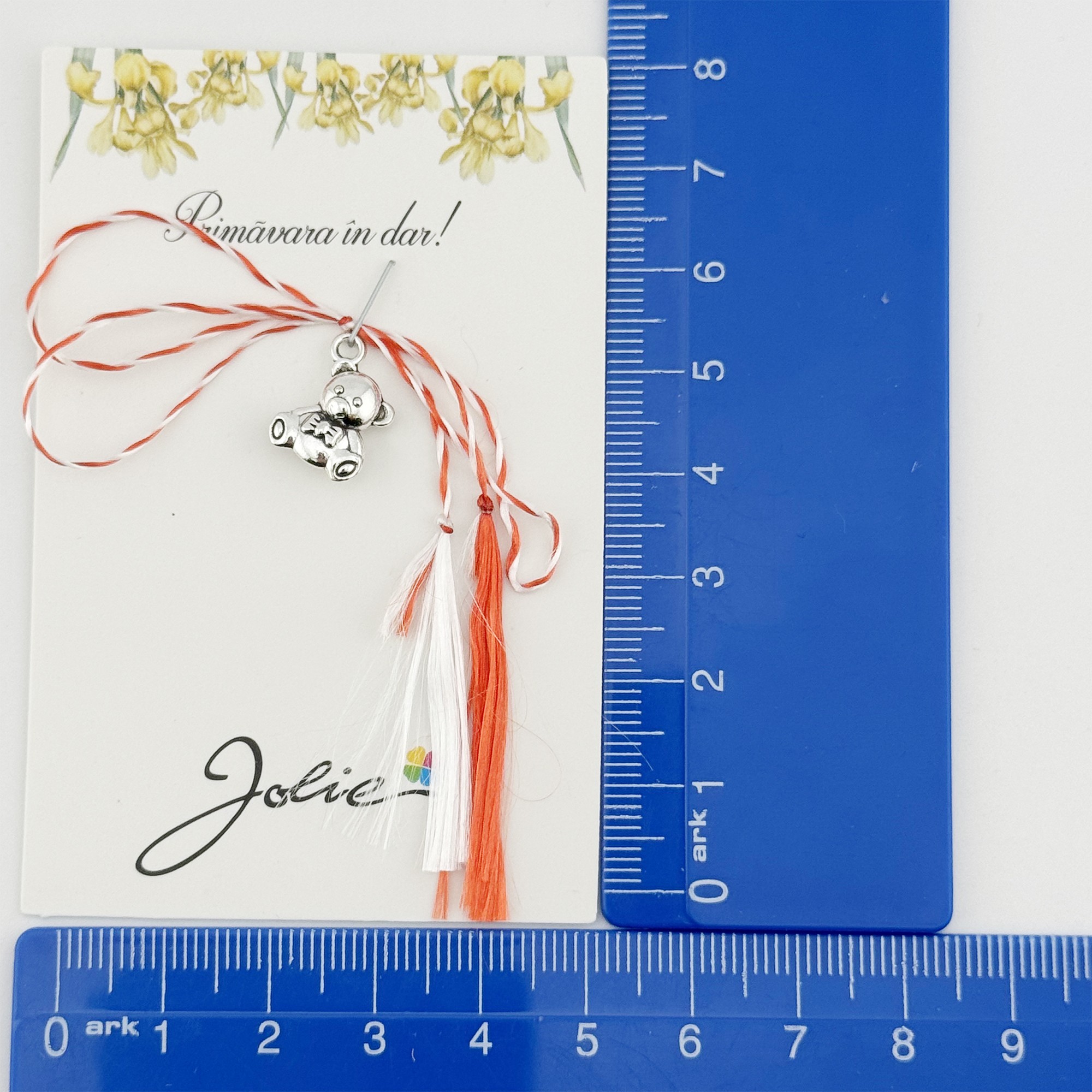 Martisor Traditional, Jolie, Model URSULET, cu Snur Impletit Alb/Rosu, 8.5 x 5.5 cm, Argintiu