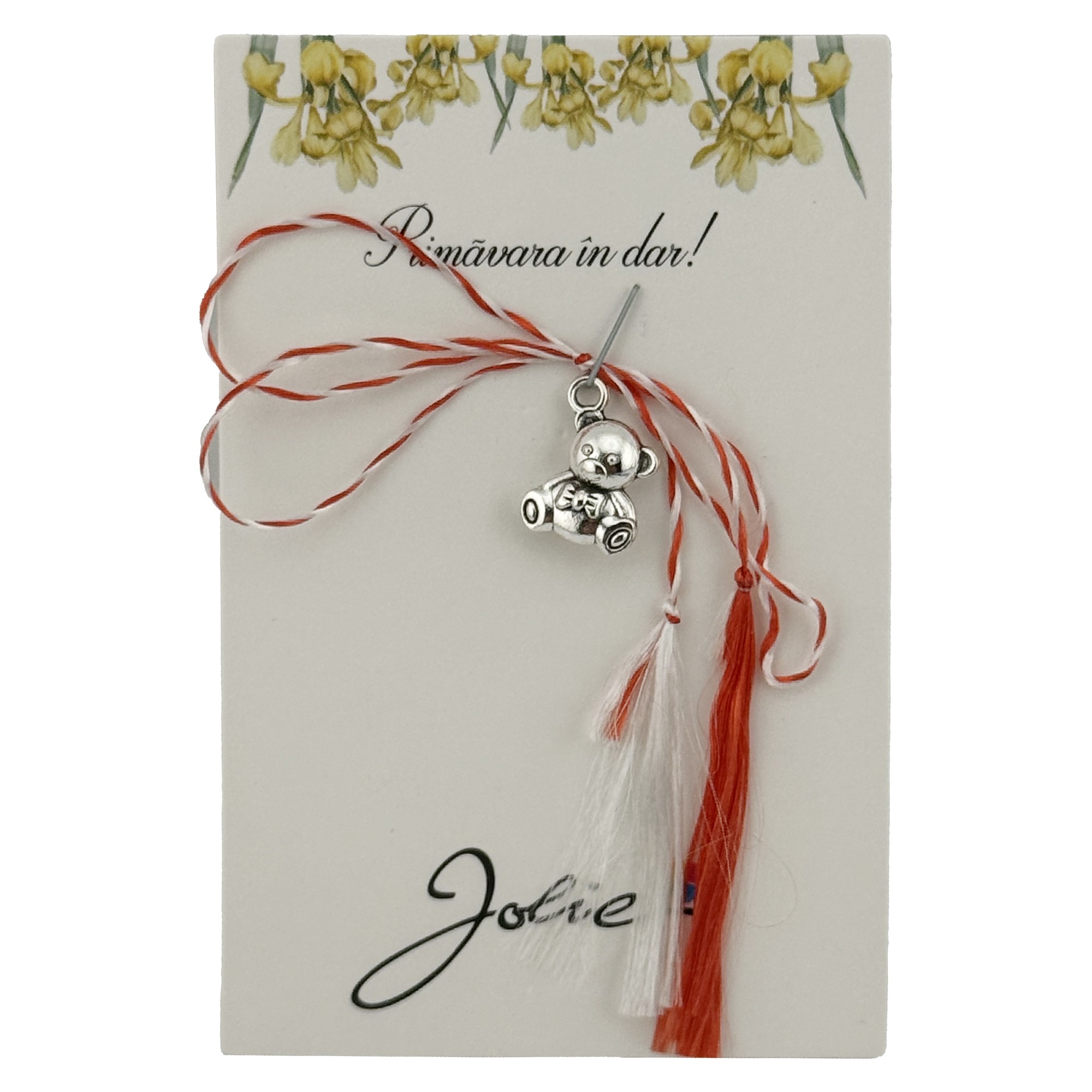 Martisor Traditional, Jolie, Model URSULET, cu Snur Impletit Alb/Rosu, 8.5 x 5.5 cm, Argintiu