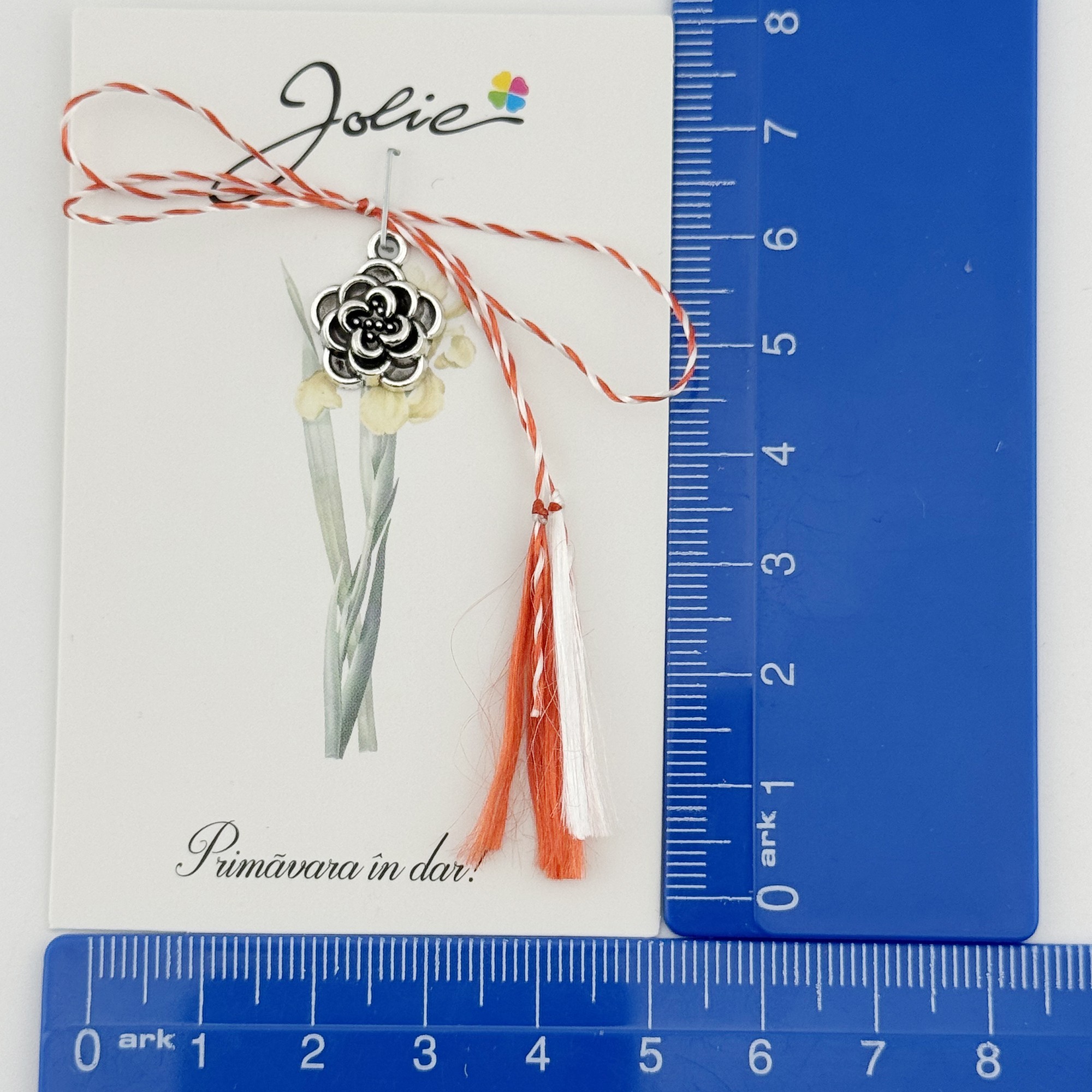 Martisor Traditional, Jolie, Model TRANDAFIR, cu Snur Impletit Alb/Rosu, 8.5 x 5.5 cm, Argintiu