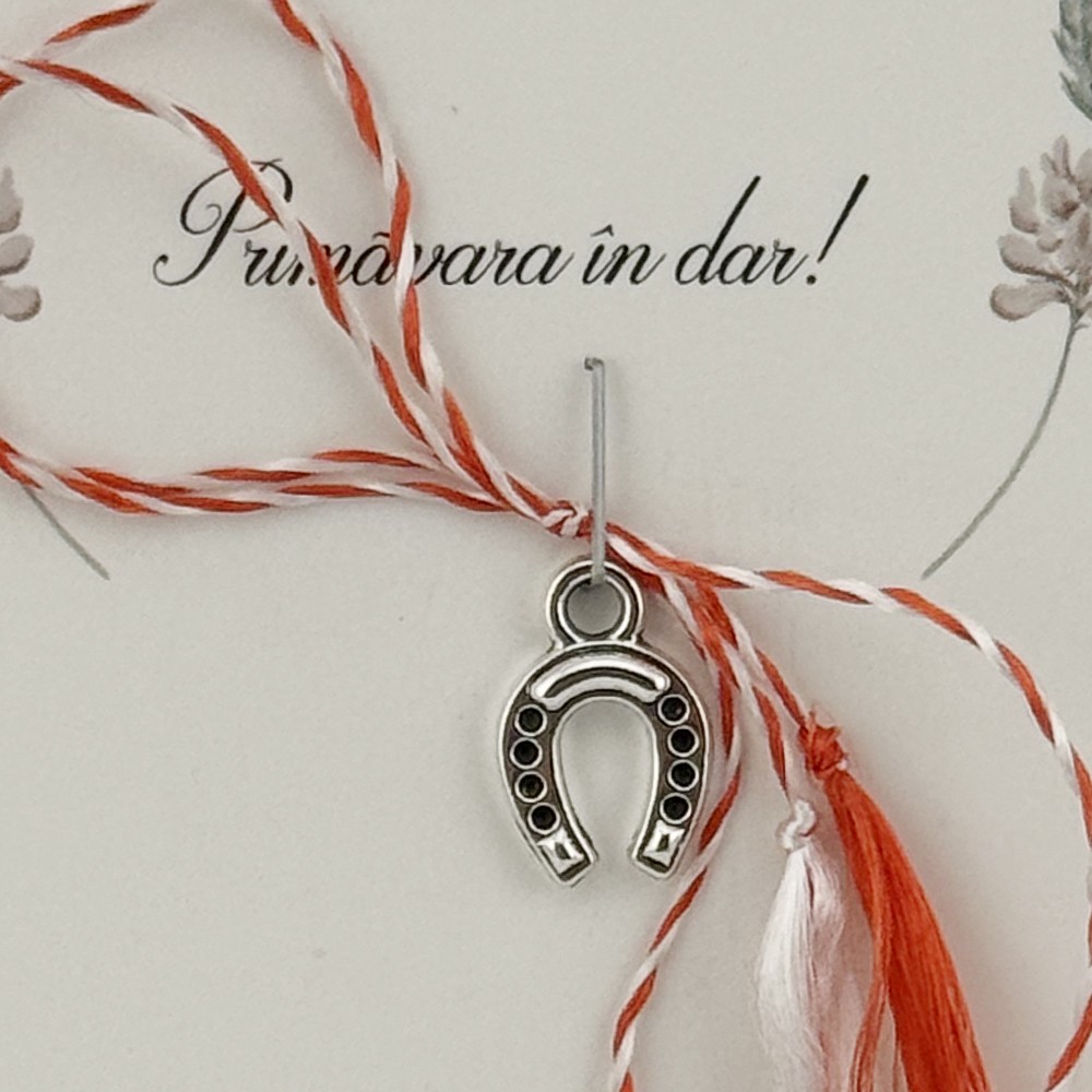 Martisor Traditional, Jolie, Model POTCOAVA, cu Snur Impletit Alb/Rosu, 8.5 x 5.5 cm, Argintiu