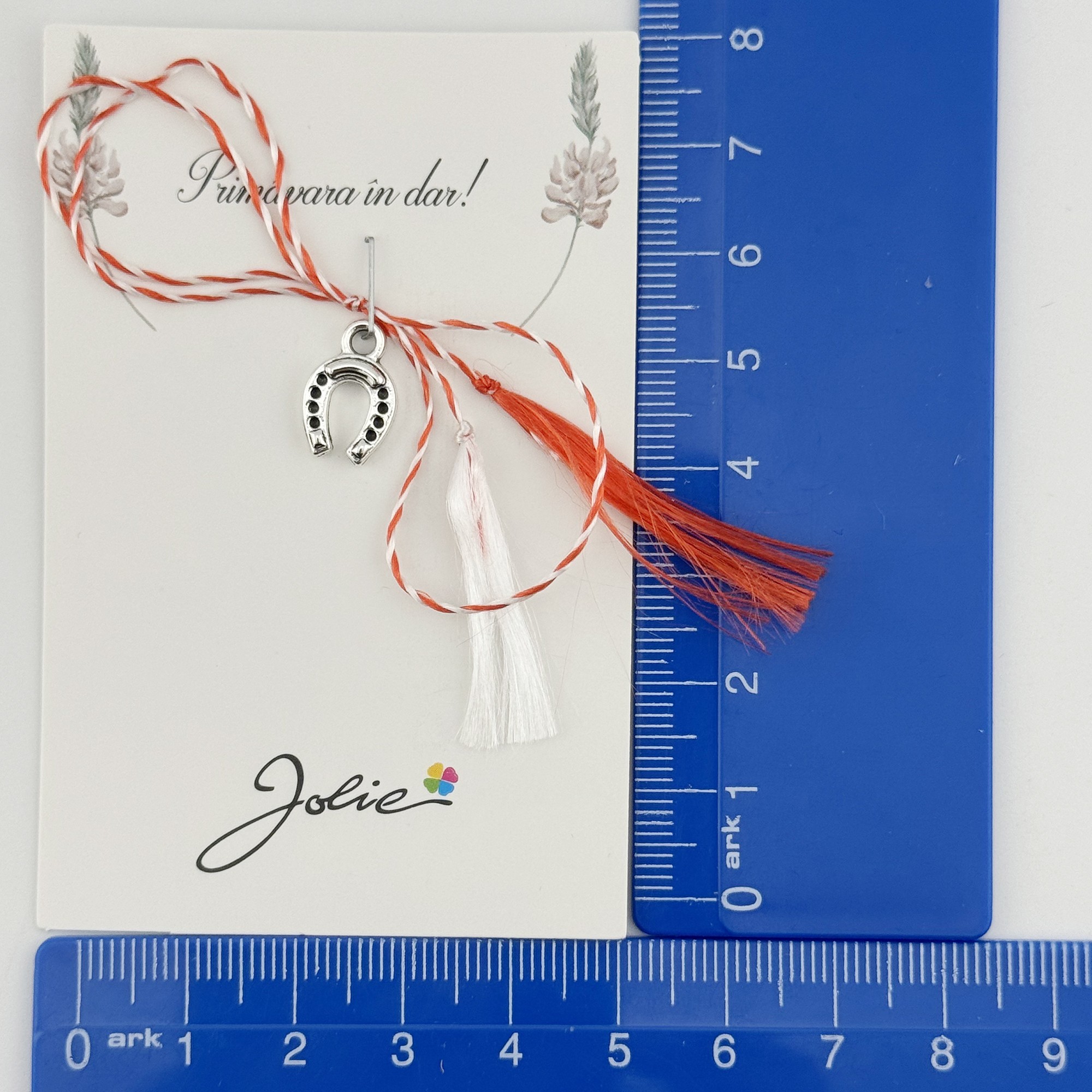 Martisor Traditional, Jolie, Model POTCOAVA, cu Snur Impletit Alb/Rosu, 8.5 x 5.5 cm, Argintiu