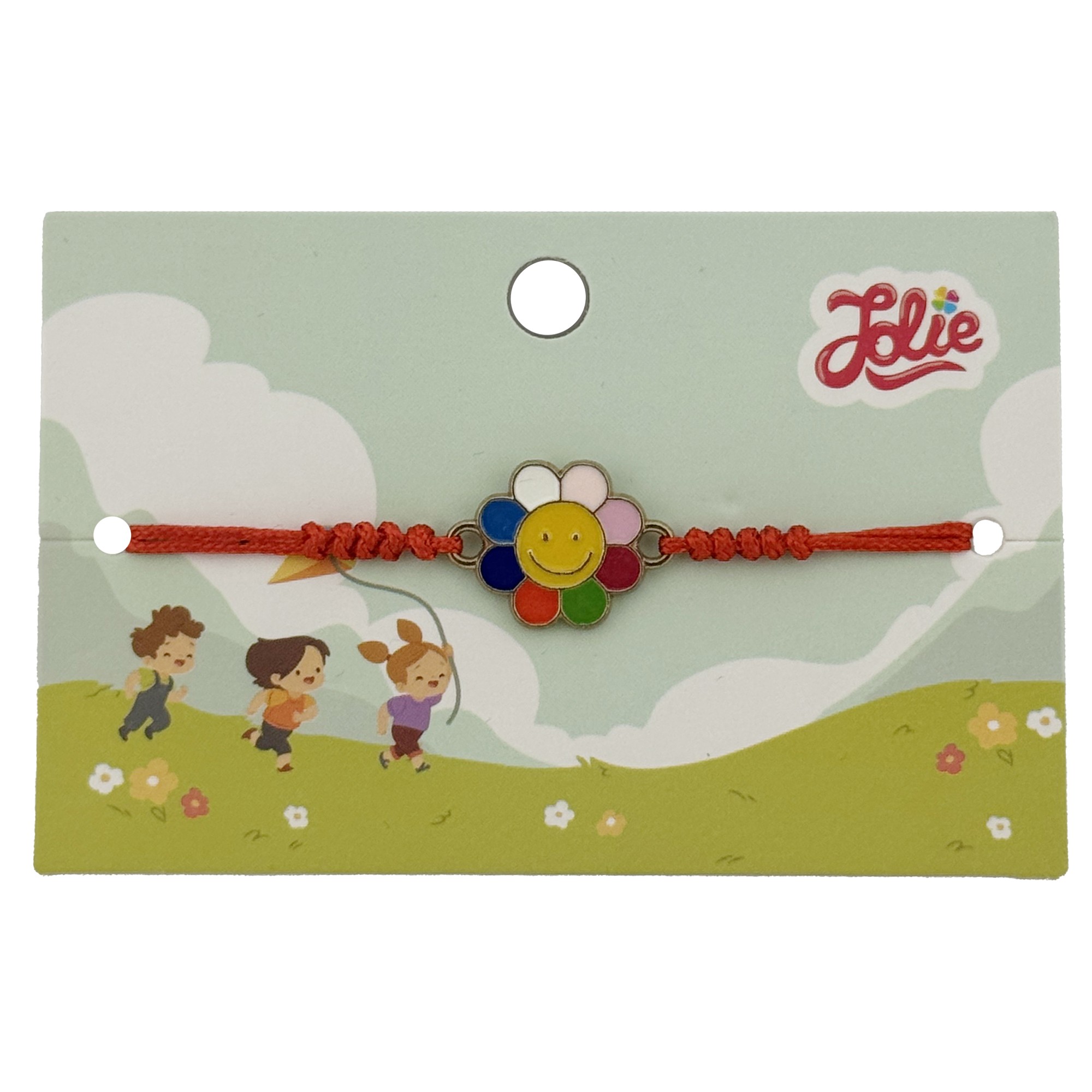 Bratara pentru Copii, Jolie, cu Impletitura Snur Rosu, Model Floare, Multicolor