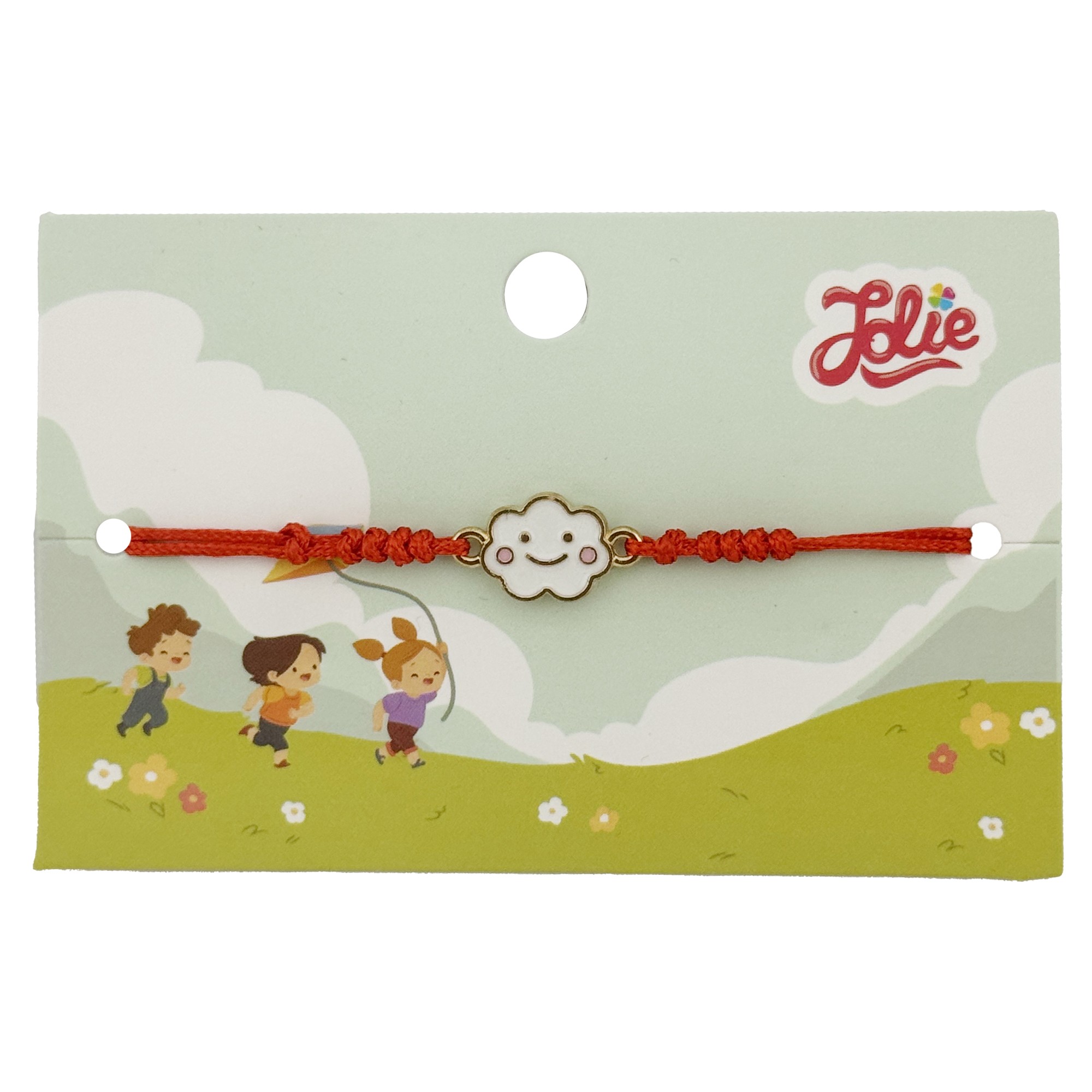 Bratara pentru Copii, Jolie, cu Impletitura Snur Rosu, Model Norisor, Alb/Roz