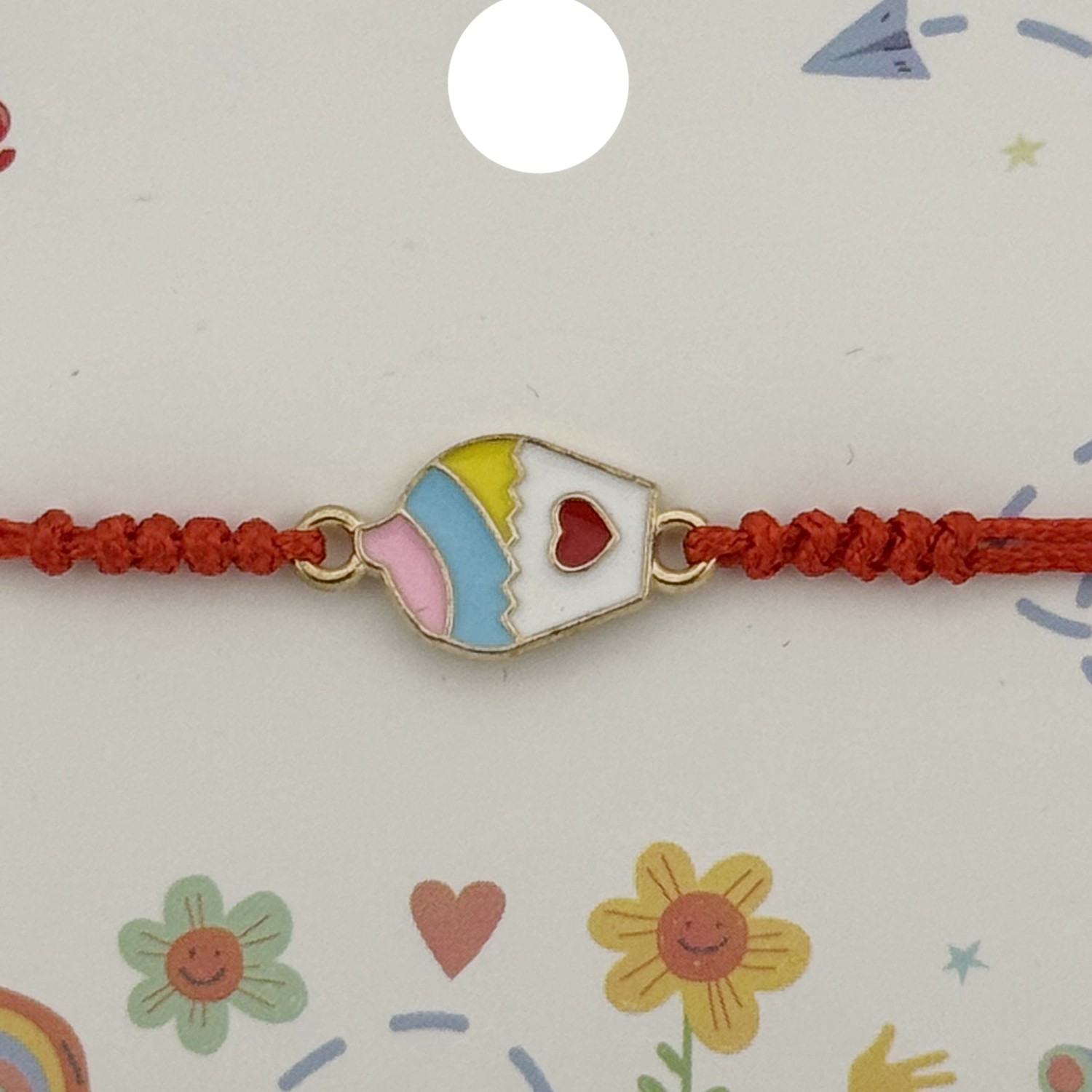 Bratara pentru Copii, Jolie, cu Impletitura Snur Rosu, Model Prajitura, Roz/Albastru deschis/Galben