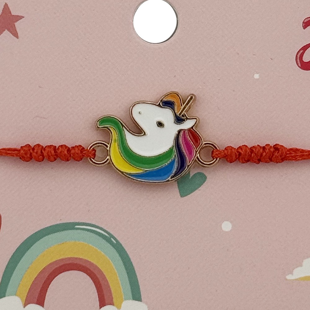 Bratara pentru Copii, Jolie, cu Impletitura Snur Rosu, Model Unicorn, Alb Multicolor