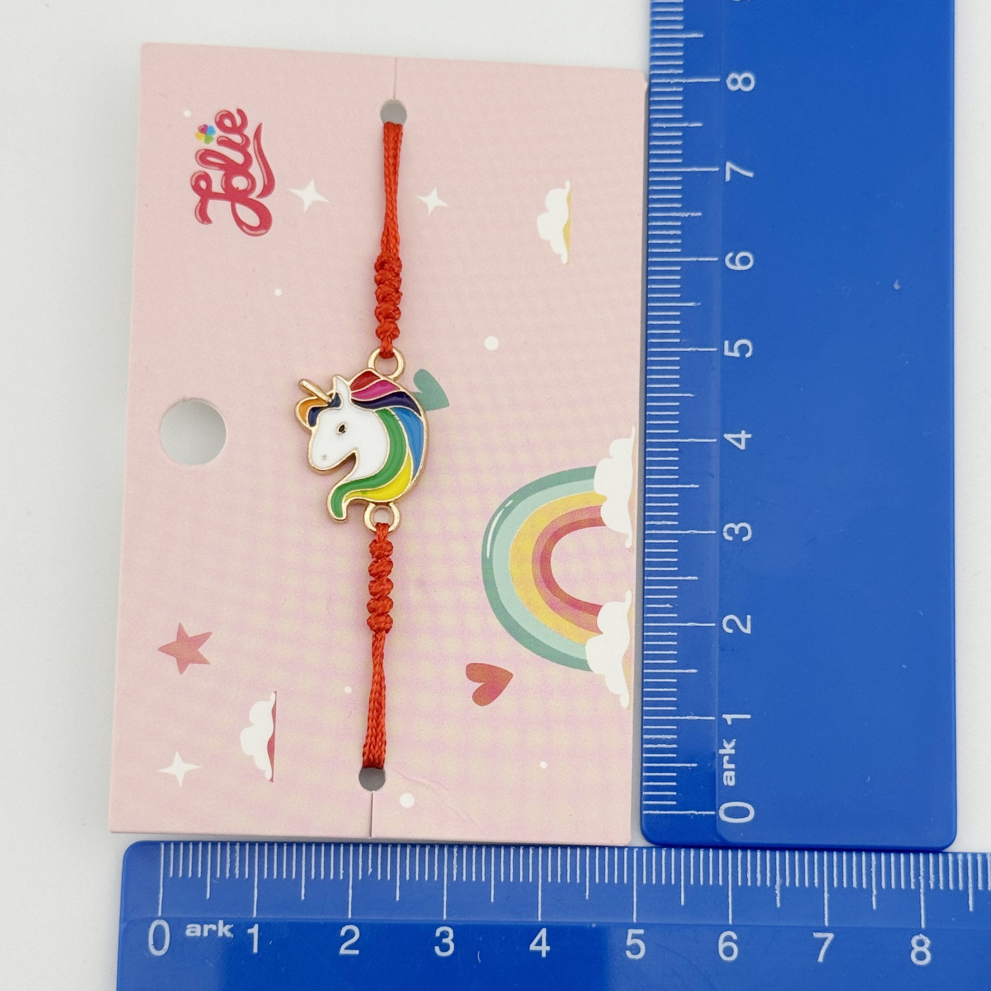 Bratara pentru Copii, Jolie, cu Impletitura Snur Rosu, Model Unicorn, Alb Multicolor