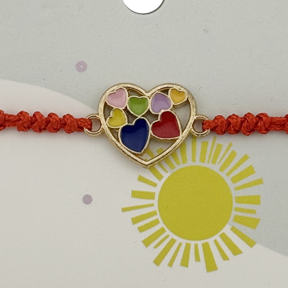 Bratara pentru Copii, Jolie, cu Impletitura Snur Rosu, Model Inima Multicolora, Multicolor