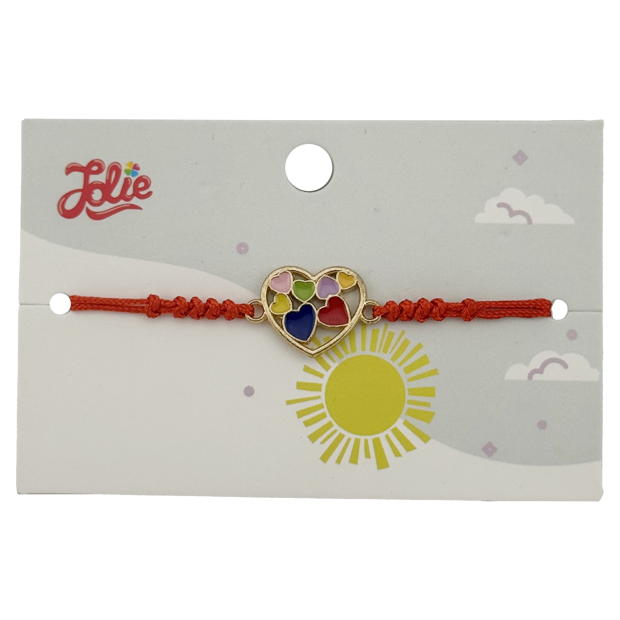 Bratara pentru Copii, Jolie, cu Impletitura Snur Rosu, Model Inima Multicolora, Multicolor